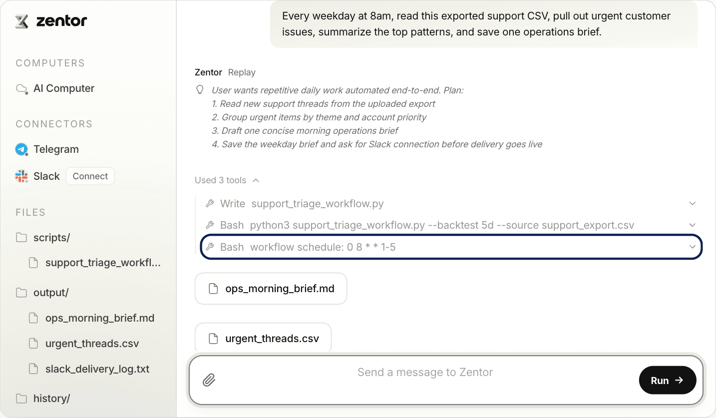 An AI cloud computer with a persistent filesystem, a saved script and a weekday schedule