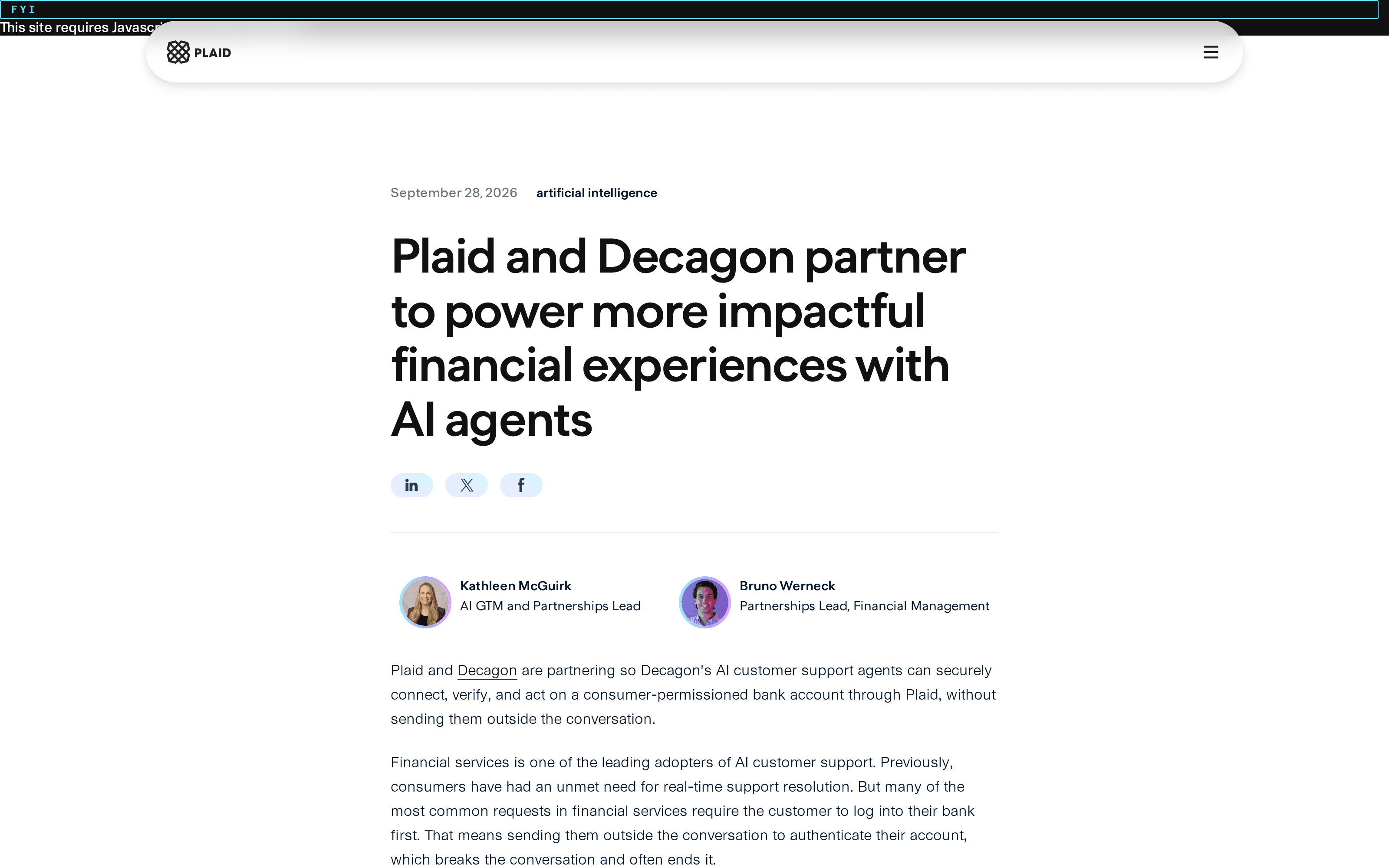 Plaid's separate Decagon announcement concerns permissioned financial-service support workflows, not a new Chase retail-agent payment rule.