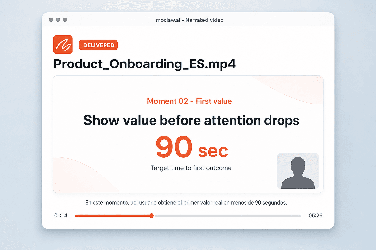 A video player showing a presentation slide with a presenter in the bottom corner, a subtitle line, and a progress bar under it