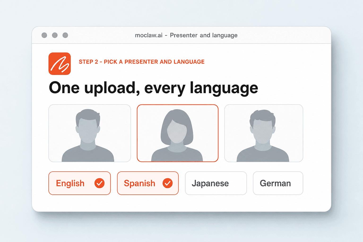 Presenter options with one selected and the English and Spanish language chips turned on