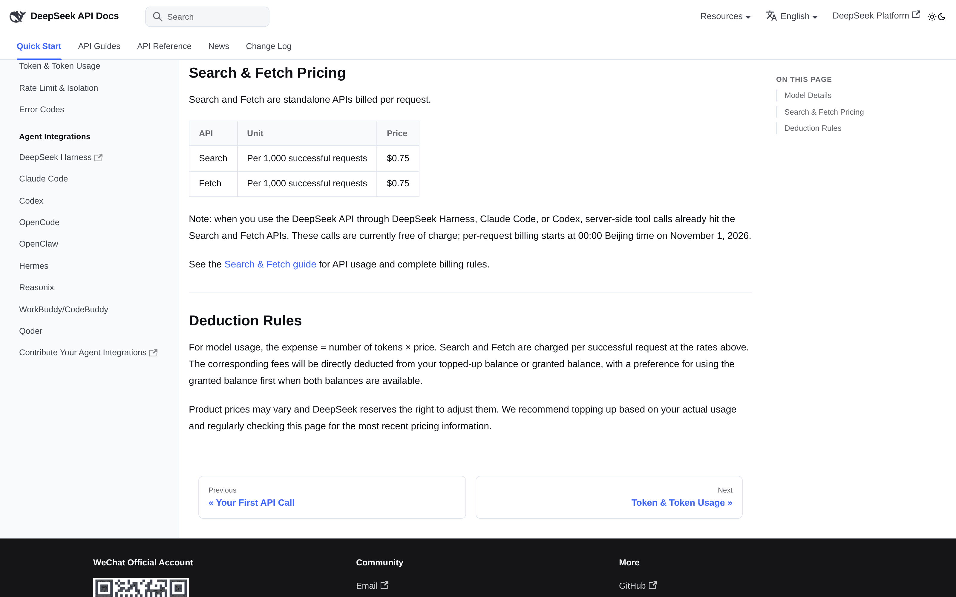 DeepSeek's English Search and Fetch pricing table and the Beijing-time billing note