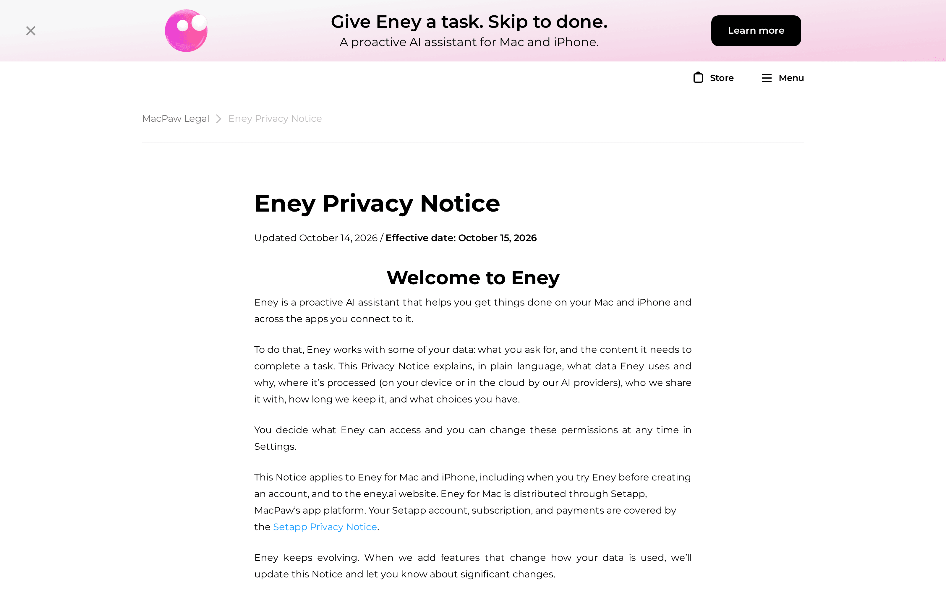 The Eney Privacy Notice states its effective date and explains device and cloud data handling.