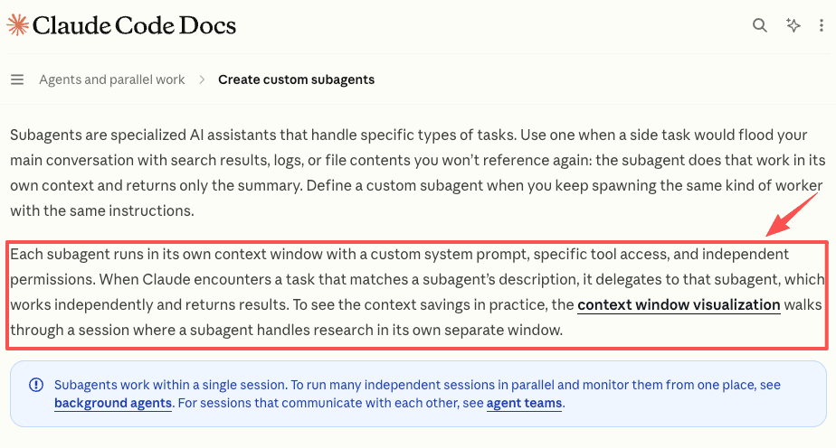 Claude Code documentation: each subagent runs in its own context window with a custom system prompt, specific tool access, and independent permissions.