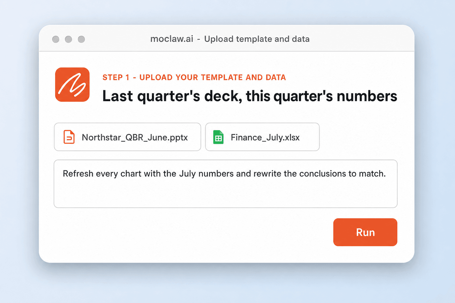 Zentor (formerly MoClaw) screen with last quarter's QBR deck and this quarter's finance export attached