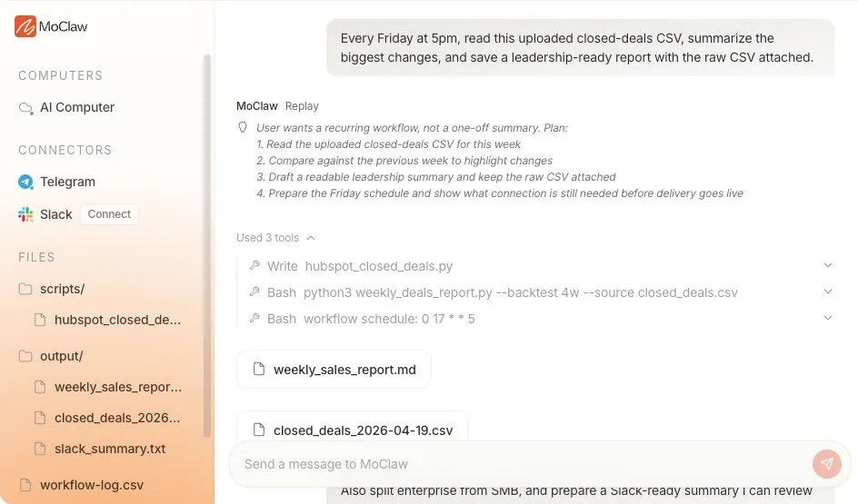 Zentor (formerly MoClaw) AI workflow automation use case for recurring browser tasks, files, and reports