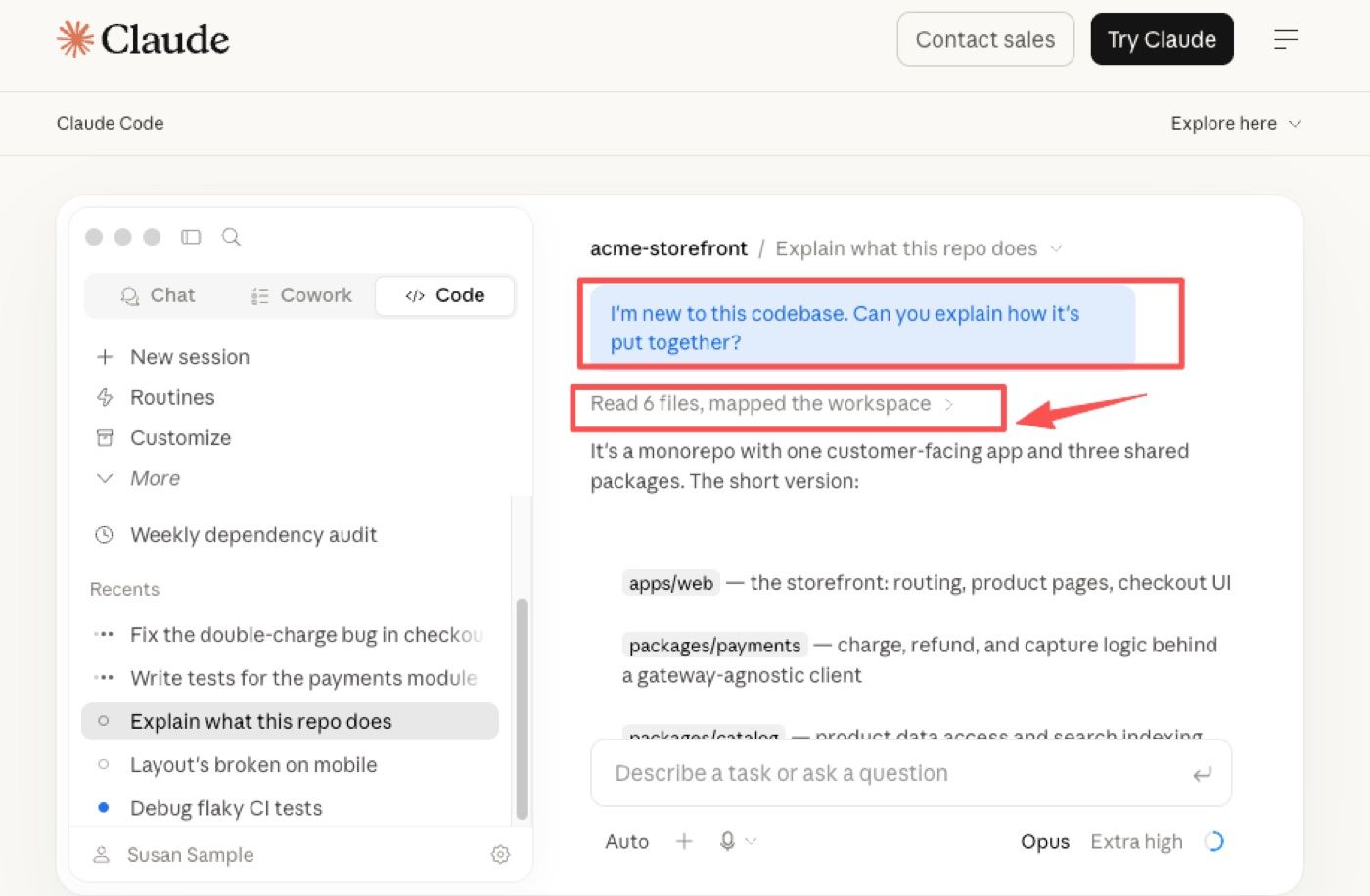 Claude Code product interface reading a repository and mapping the workspace before answering