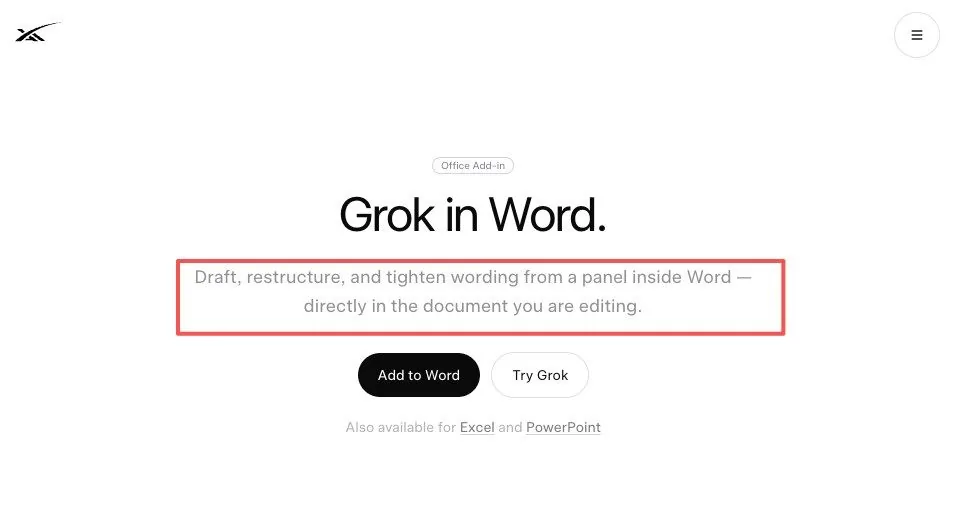 xAI Grok for Word page describing a Microsoft 365 add-in that drafts and tightens wording