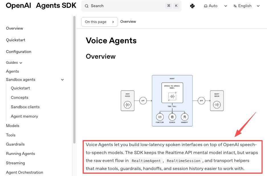 OpenAI Agents SDK docs describing low-latency voice agents with tools, guardrails, and handoffs