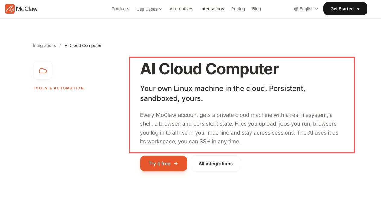 Zentor (formerly MoClaw) AI Cloud Computer integration, a persistent cloud workspace for voice-started tasks