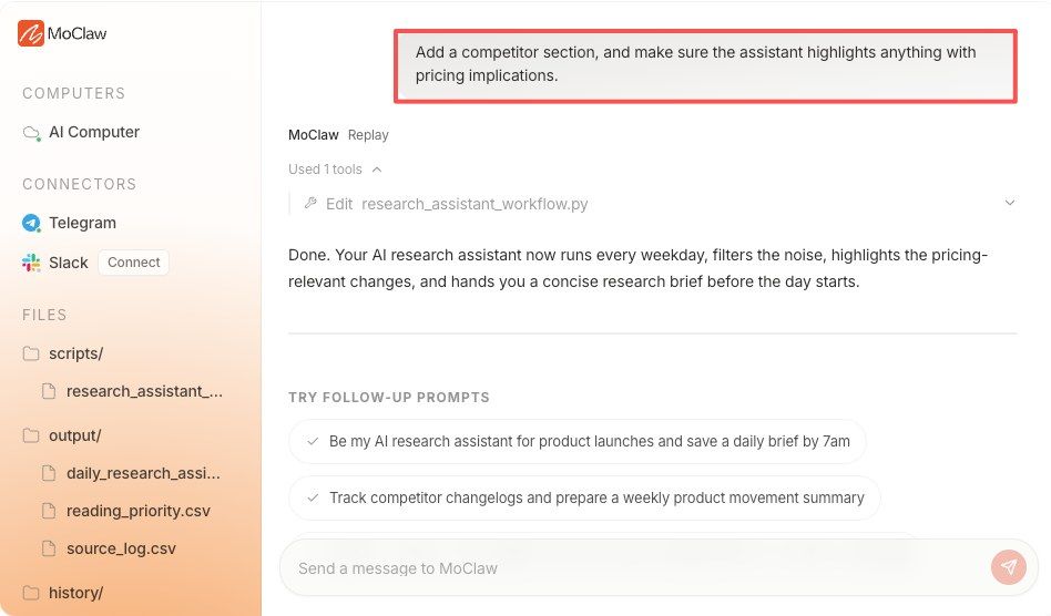 Zentor (formerly MoClaw) AI research assistant use case for recurring briefings with sources and evidence