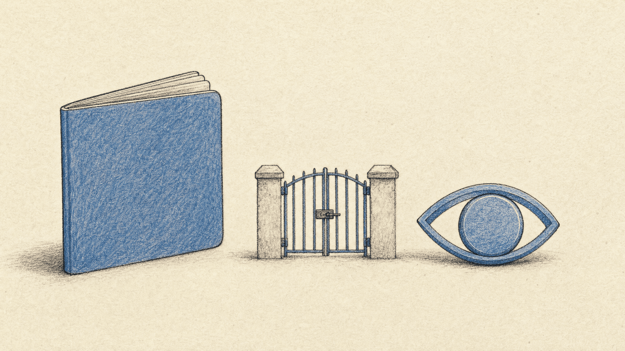 A hand-drawn account notebook, closed gate and eye distinguish viewing financial data from taking action.
