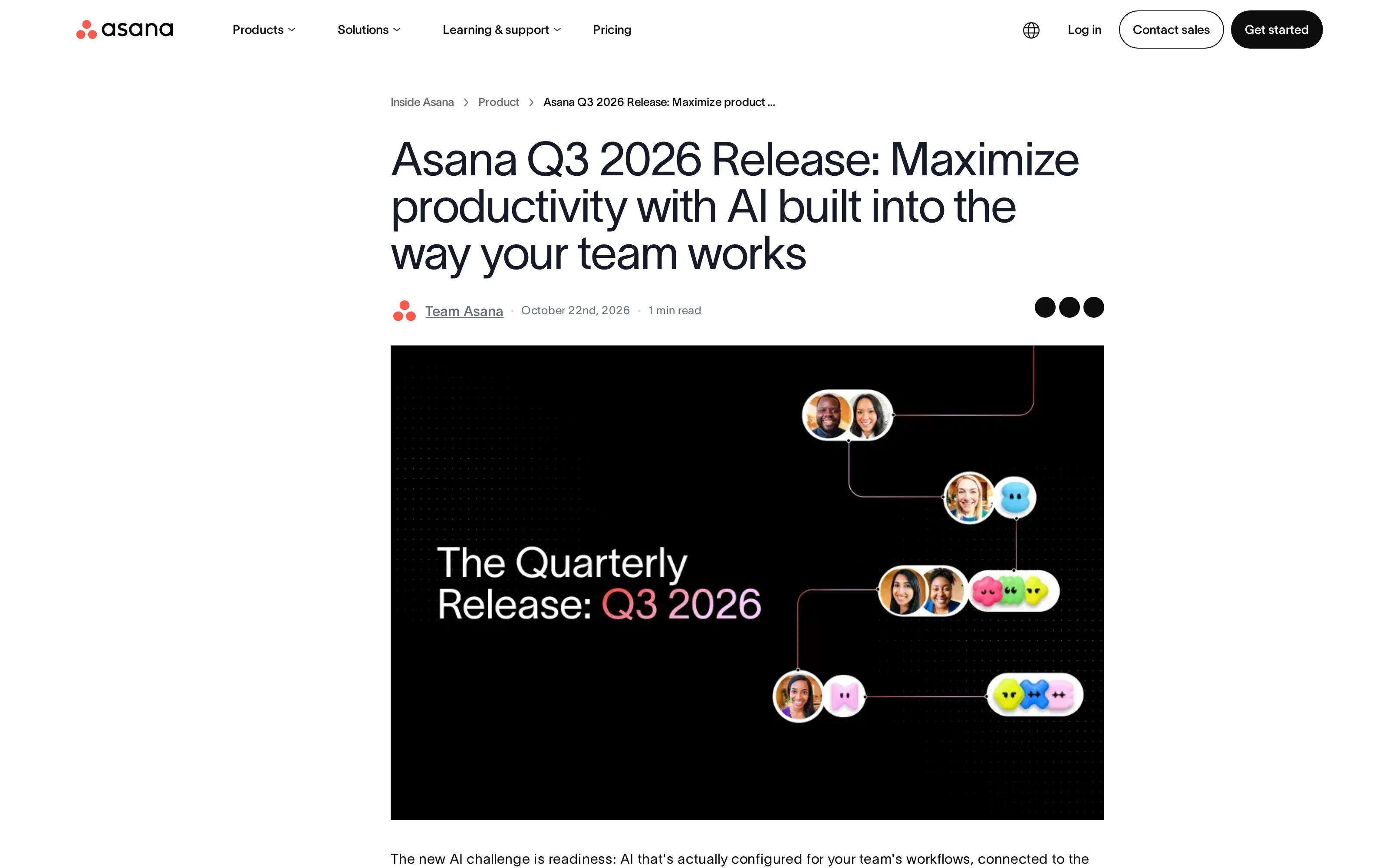 The official Asana Q3 2026 release page, showing its release heading and campaign artwork.