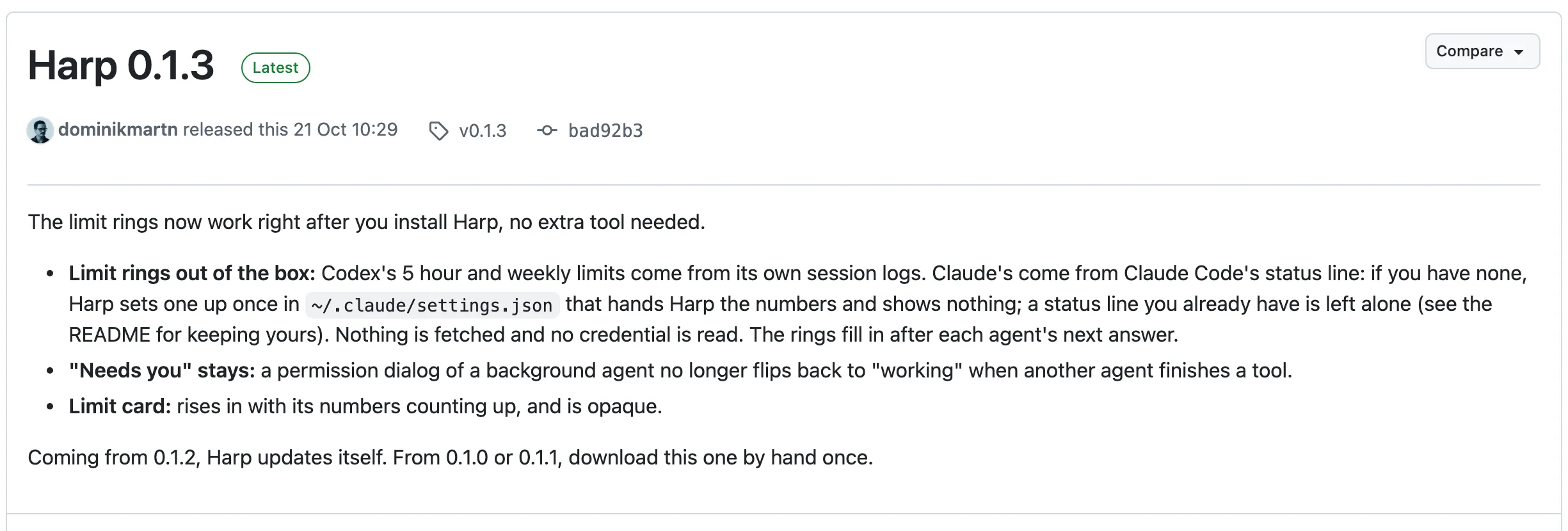 Cropped real GitHub Harp 0.1.3 release notes describing limit-ring inputs and local-data claims.