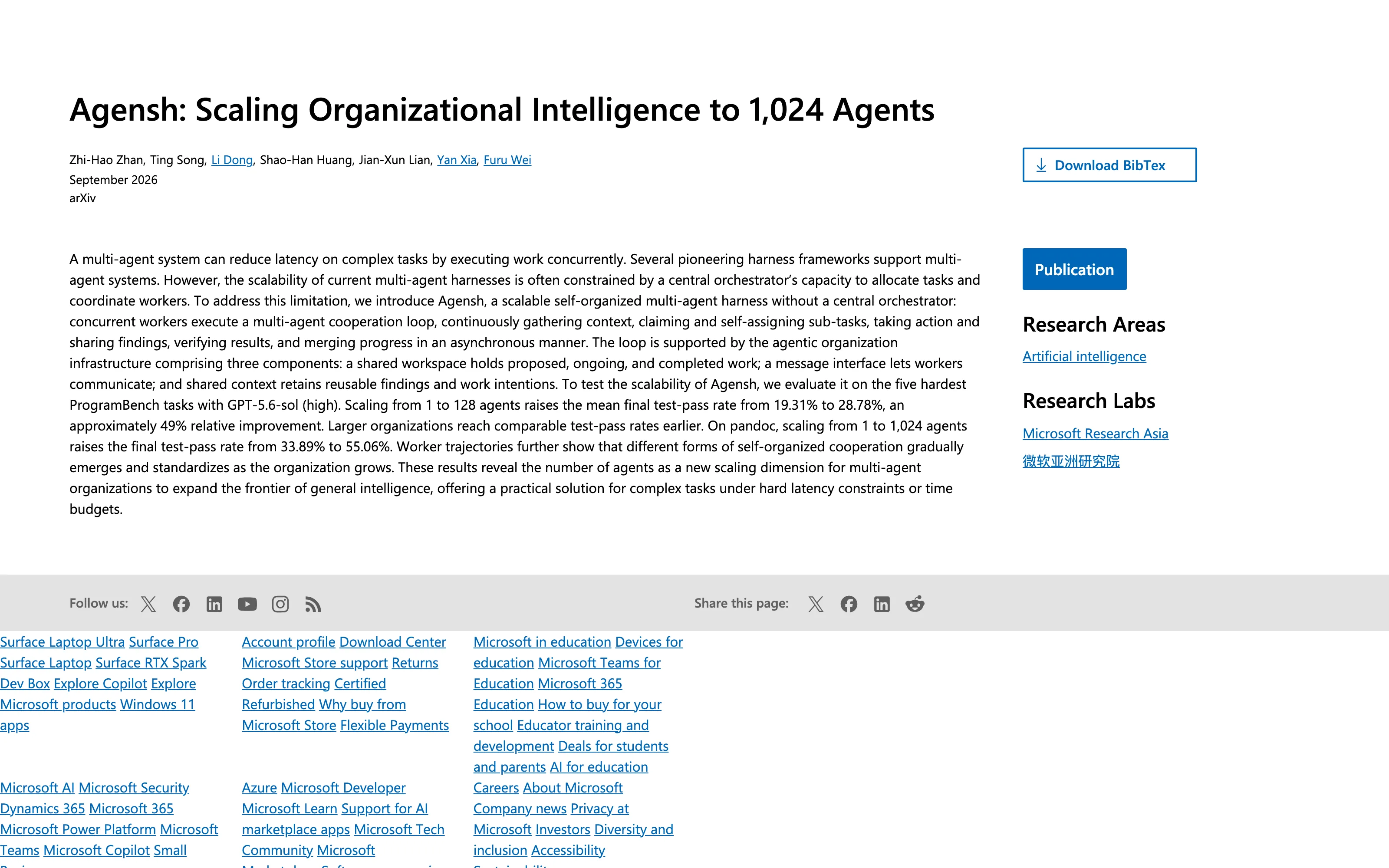 Microsoft Research's public Agensh publication page, showing its title, abstract and author-reported benchmark results.