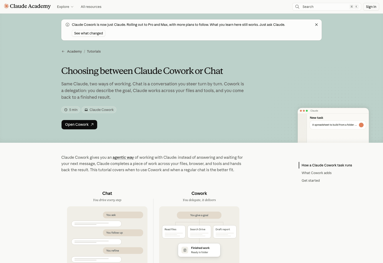 Claude Academy's comparison tutorial, still live with a merge banner, September 17, 2026