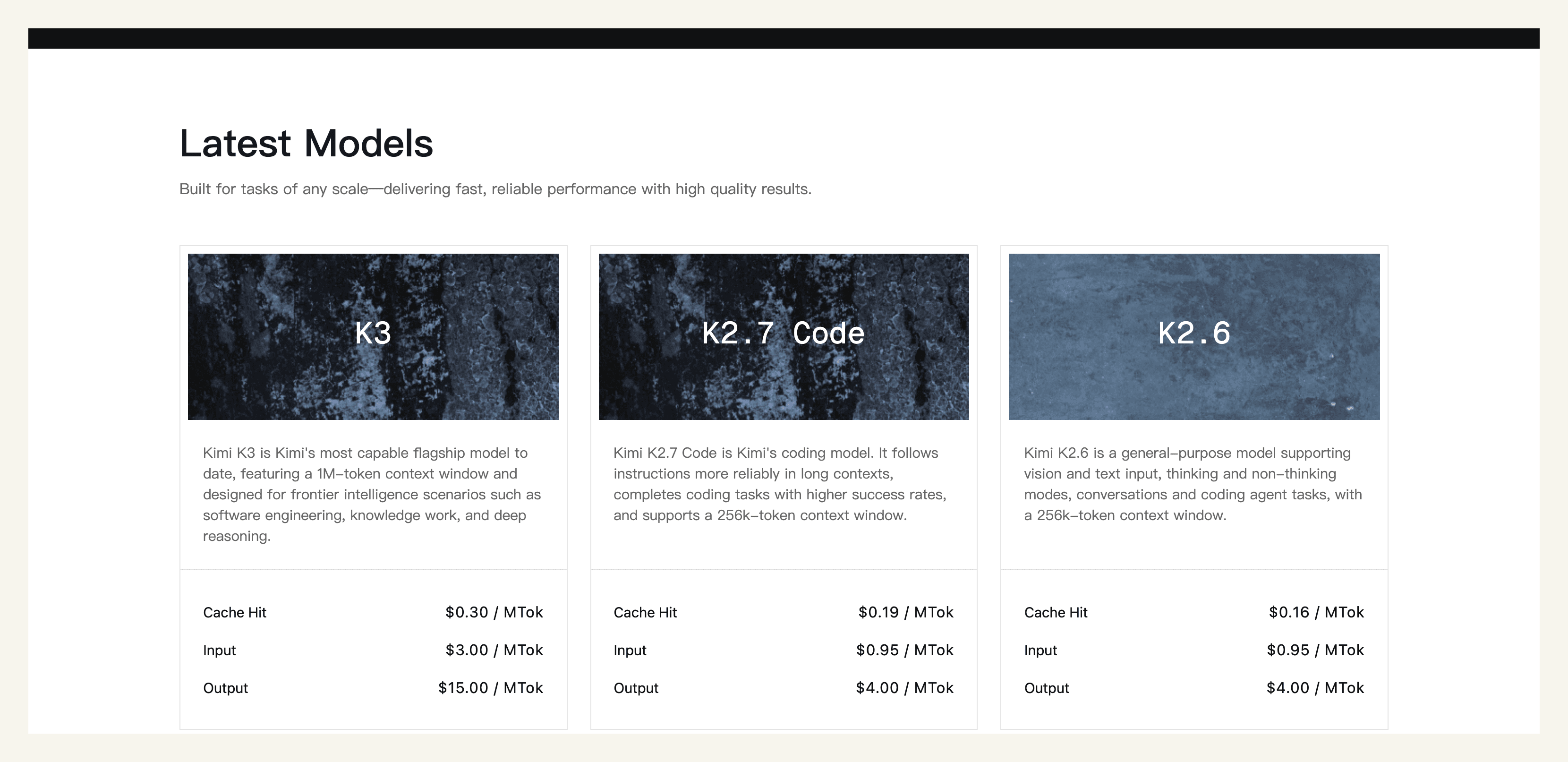Kimi Open Platform pricing cards for K3, K2.7 Code, and K2.6, showing the jump from K2.6's low rates to K3's $3 input and $15 output per million tokens (source: platform.moonshot.ai)