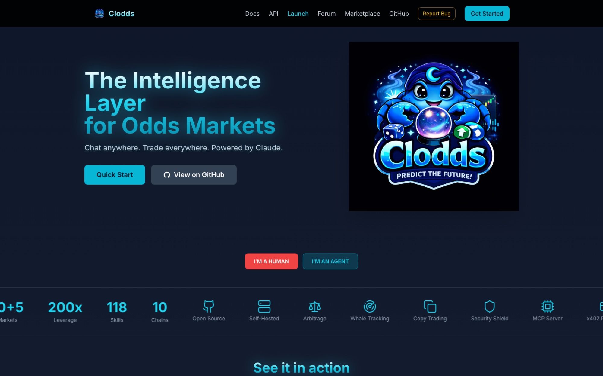 The cloddsbot.com homepage on 11 September 2026, with the project's own stat strip: 200x leverage, 118 skills, 10 chains, self-hosted, MCP server.