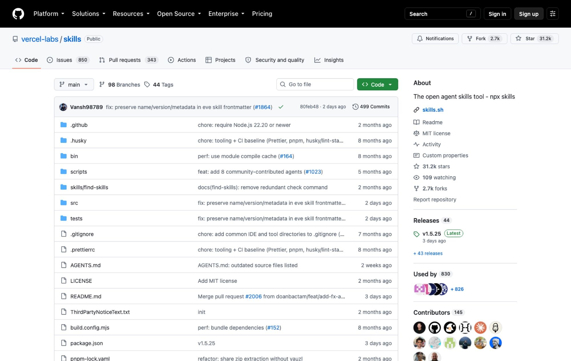 The vercel-labs/skills repository on 11 September 2026: 31.2k stars, 2.7k forks, 145 contributors, v1.5.25 released three days earlier, MIT license.