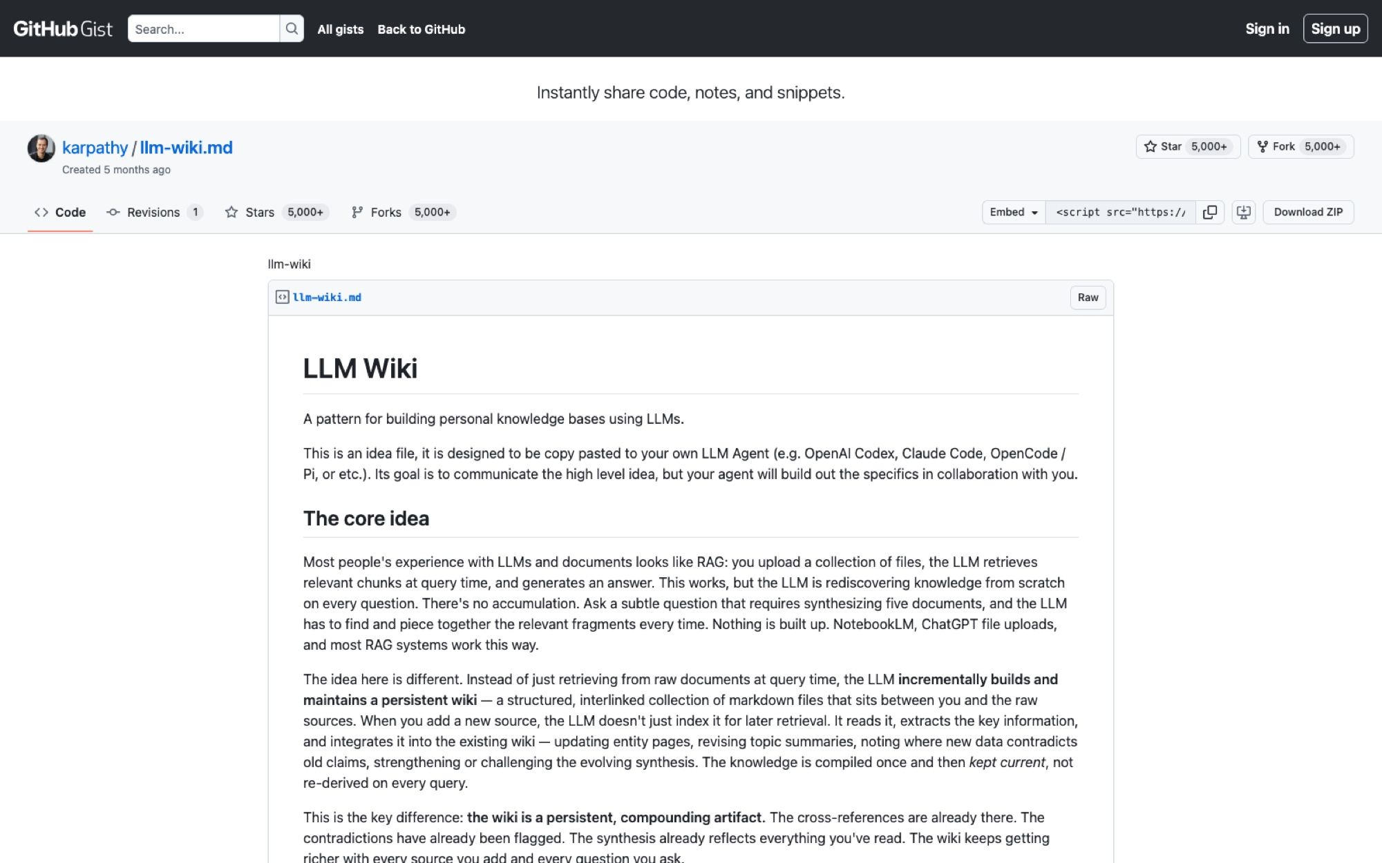 Karpathy's llm-wiki.md gist, the origin of the pattern, with over 5,000 stars and 5,000 forks as of 11 September 2026.