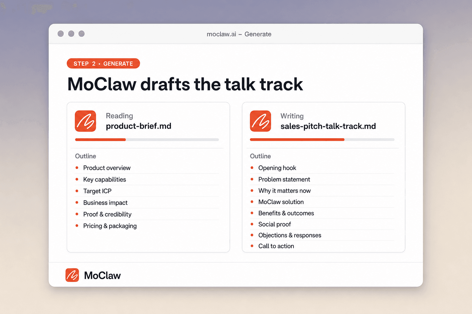 Step 2: Zentor (formerly MoClaw) drafting the sales talk track