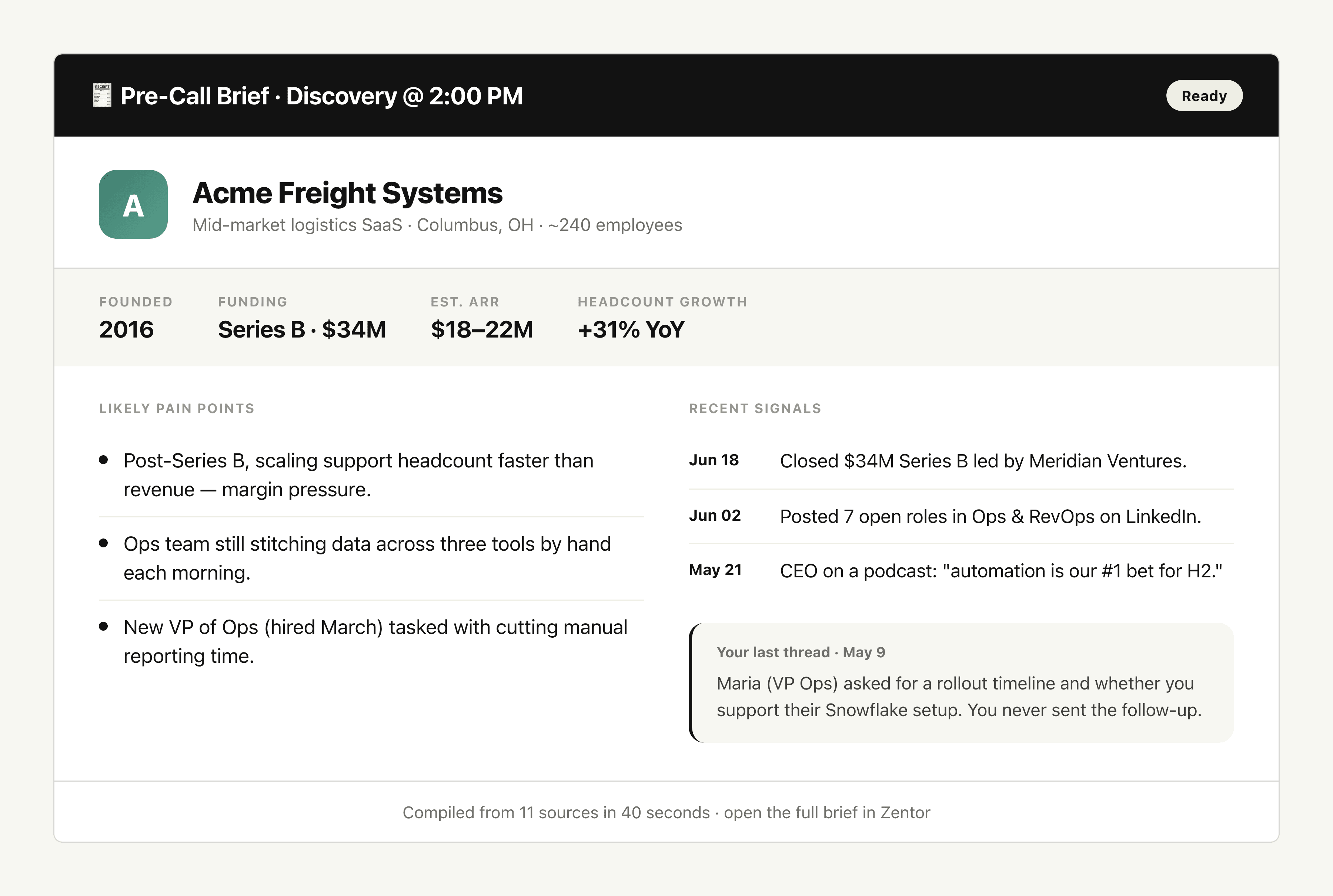 Lead- und Account-Recherche vor dem Anruf output preview