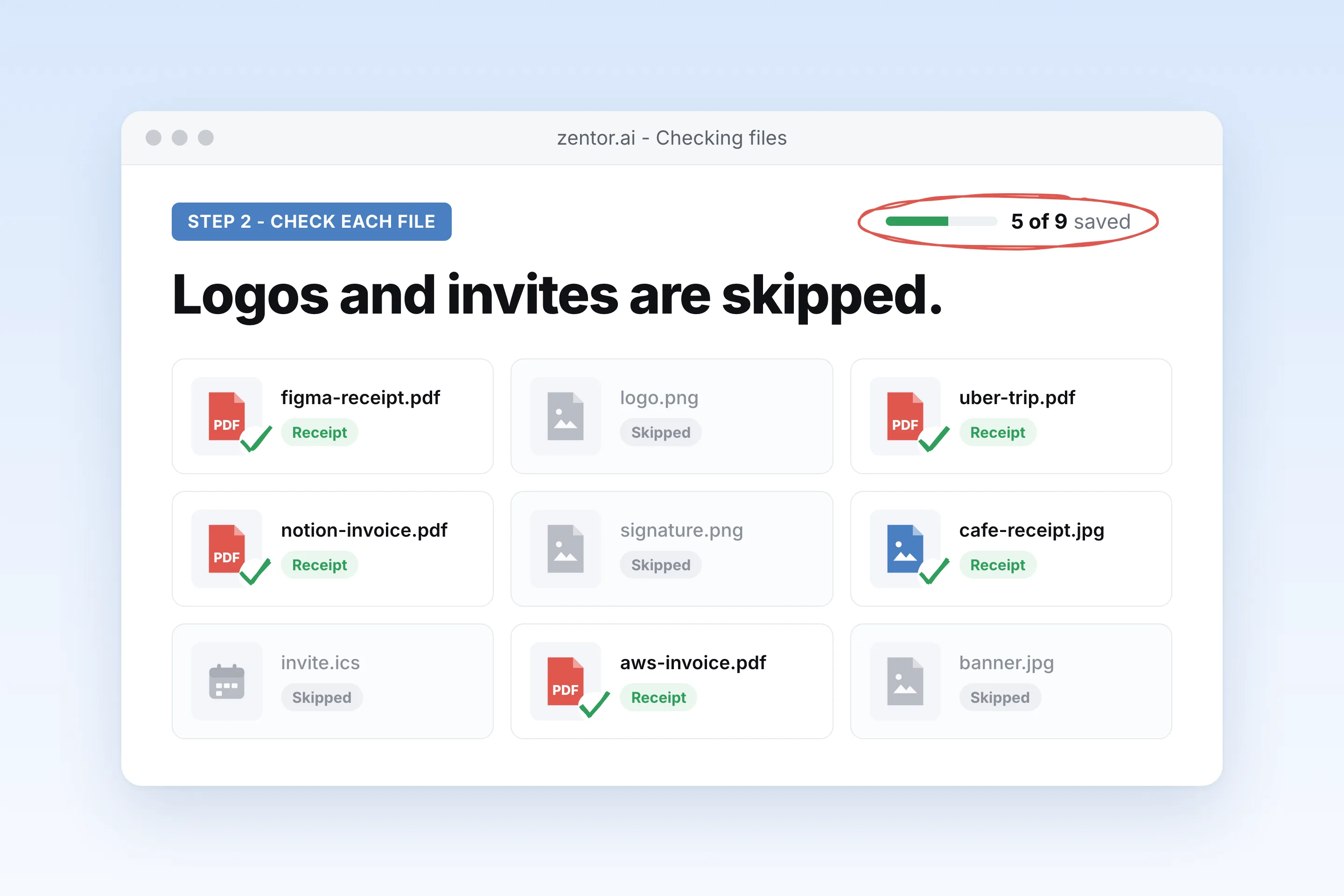Step 2: Zentor checking each attachment and skipping logos and invites
