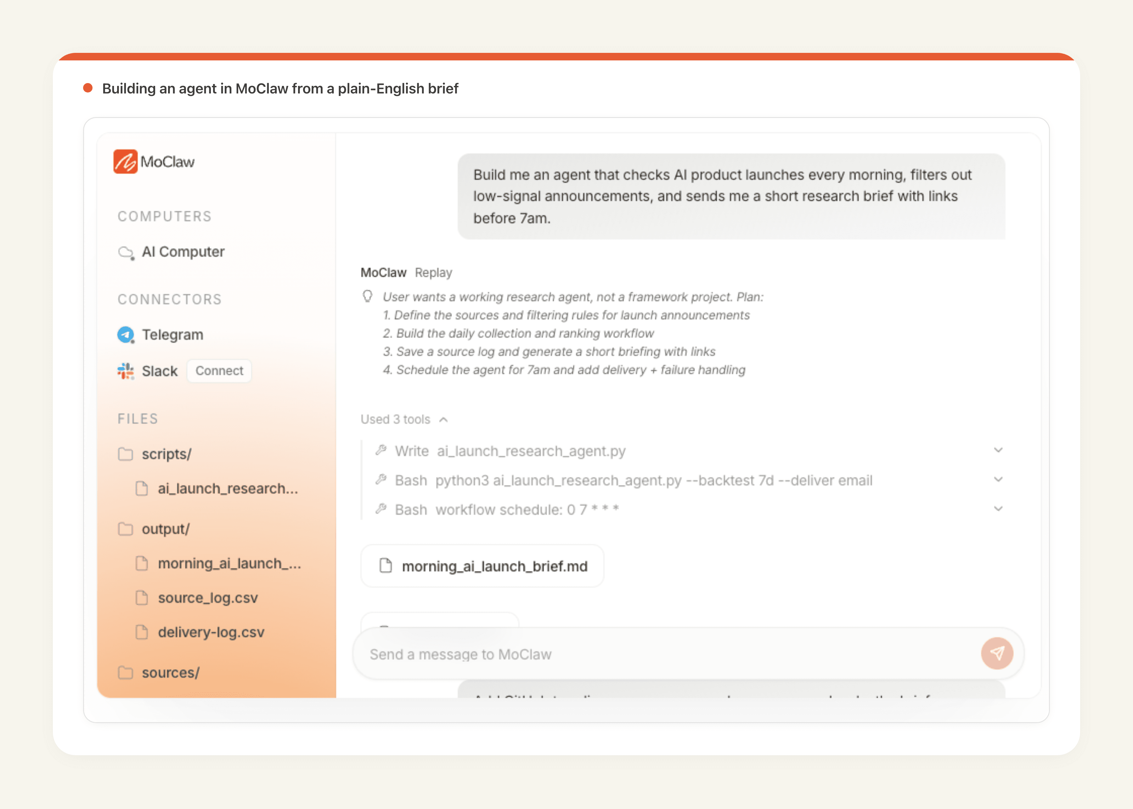 Building an AI agent in Zentor (formerly MoClaw) from a plain-English brief, with the plan and tools shown inline