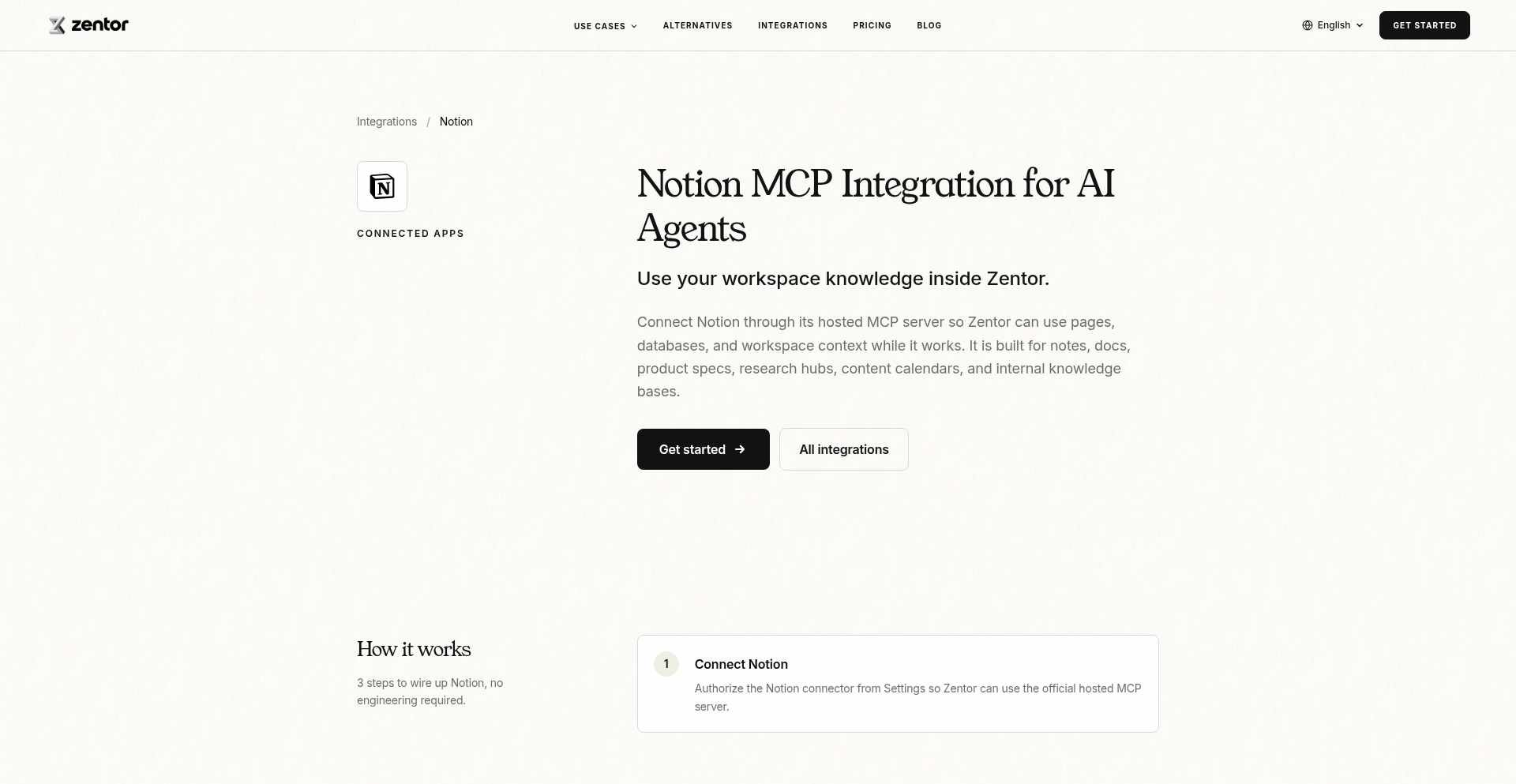 Zentor's official Notion connector page showing live workspace context through a hosted MCP connection
