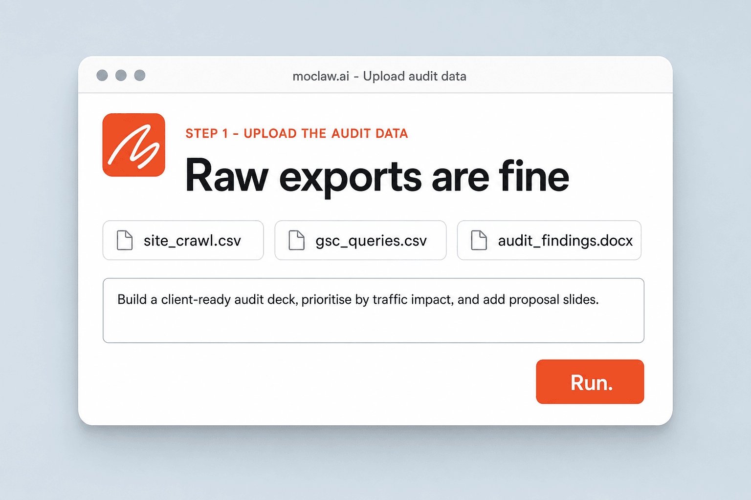 Zentor (formerly MoClaw) screen with a crawl export, a Search Console CSV, and a findings doc attached