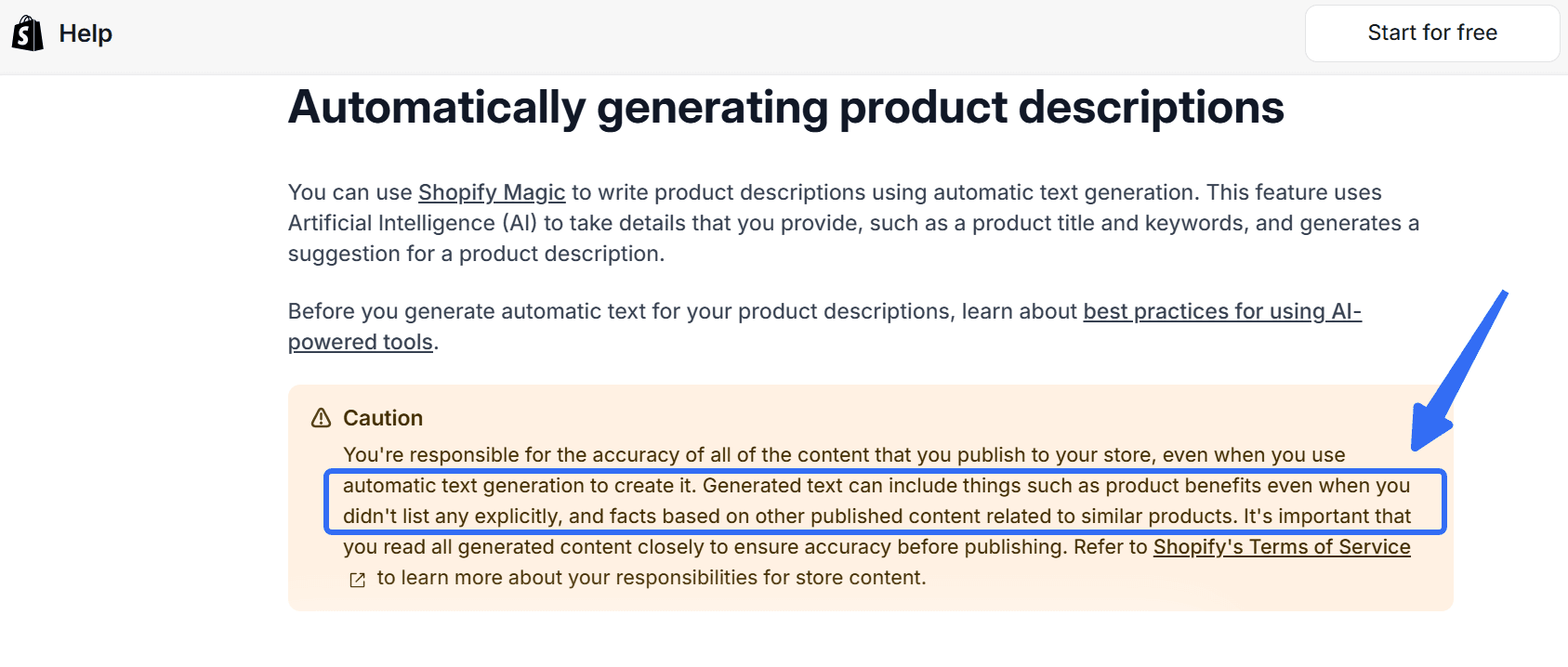 Shopify caution notice warning that AI-generated product descriptions can include benefits a merchant never listed