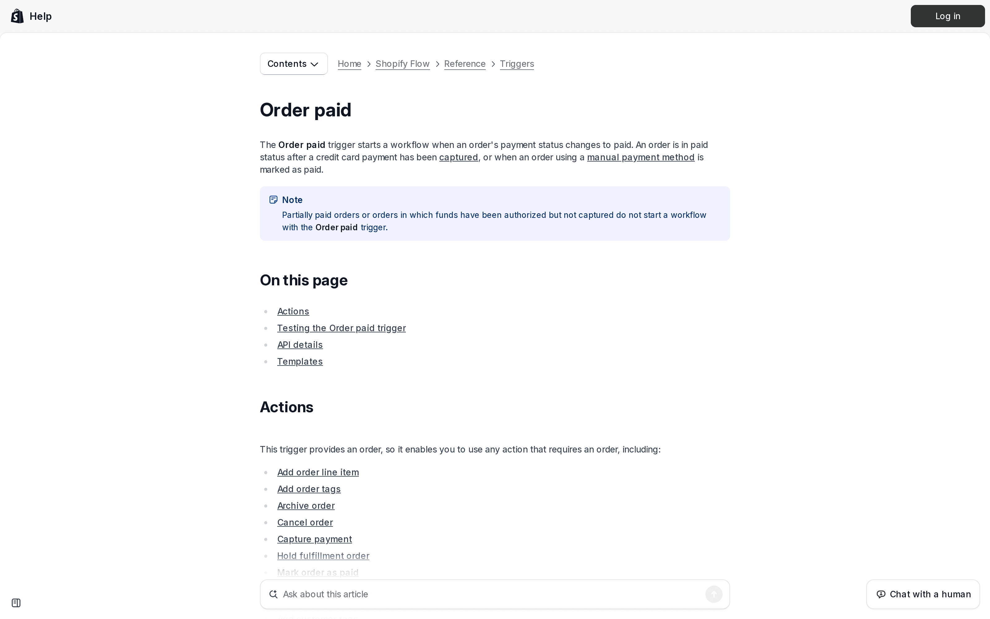 Shopify documentation showing when its Order paid trigger starts and which payments do not qualify