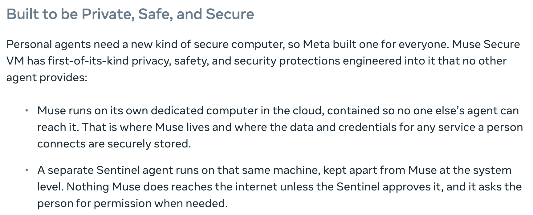 Meta's announcement describing Muse Secure VM as a dedicated computer in the cloud, with a separate Sentinel agent gating outbound actions