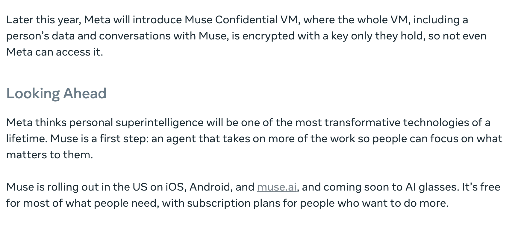 The closing paragraph of Meta's 8 September 2026 newsroom post, stating that Muse is rolling out in the US on iOS, Android and muse.ai