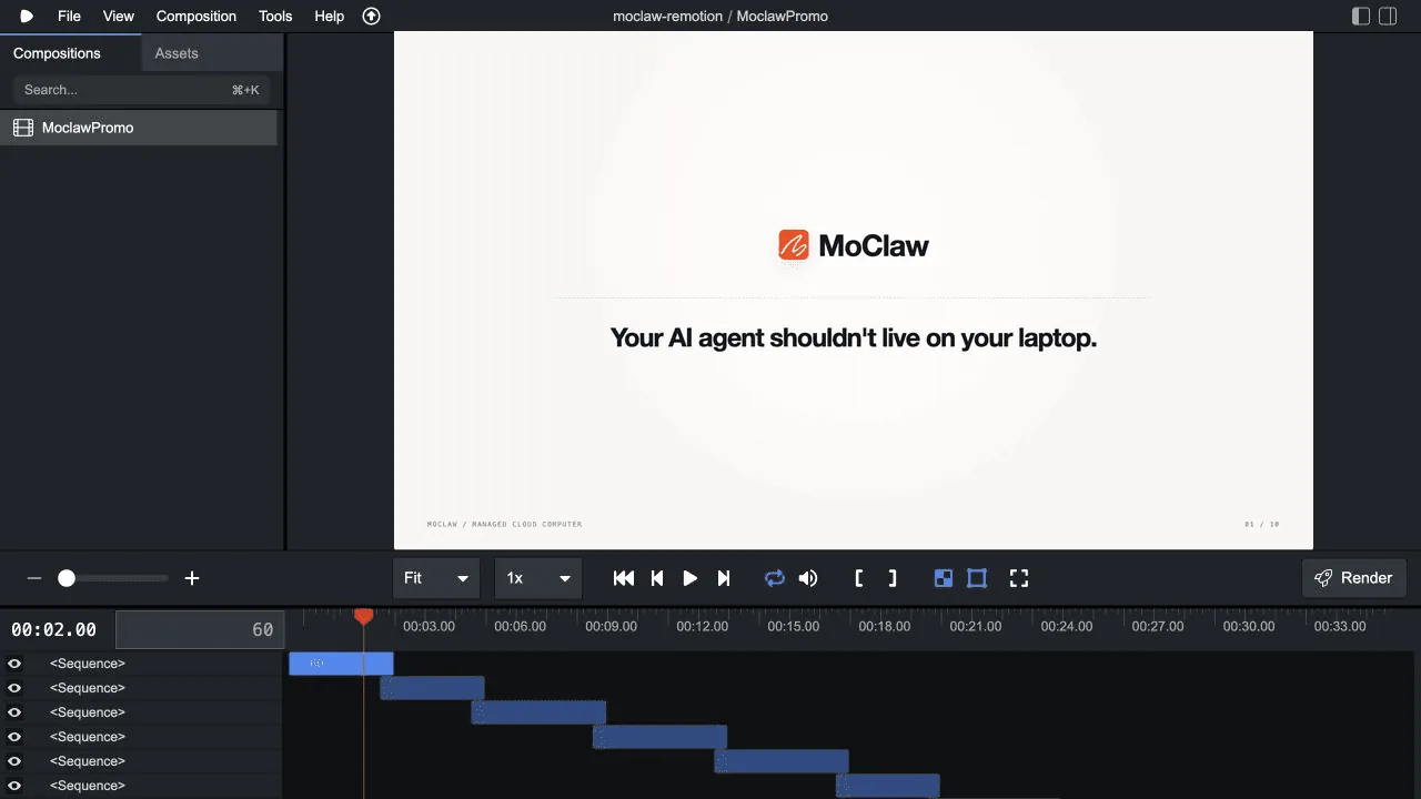 Remotion Studio with the MoClawPromo composition and its ten-sequence timeline