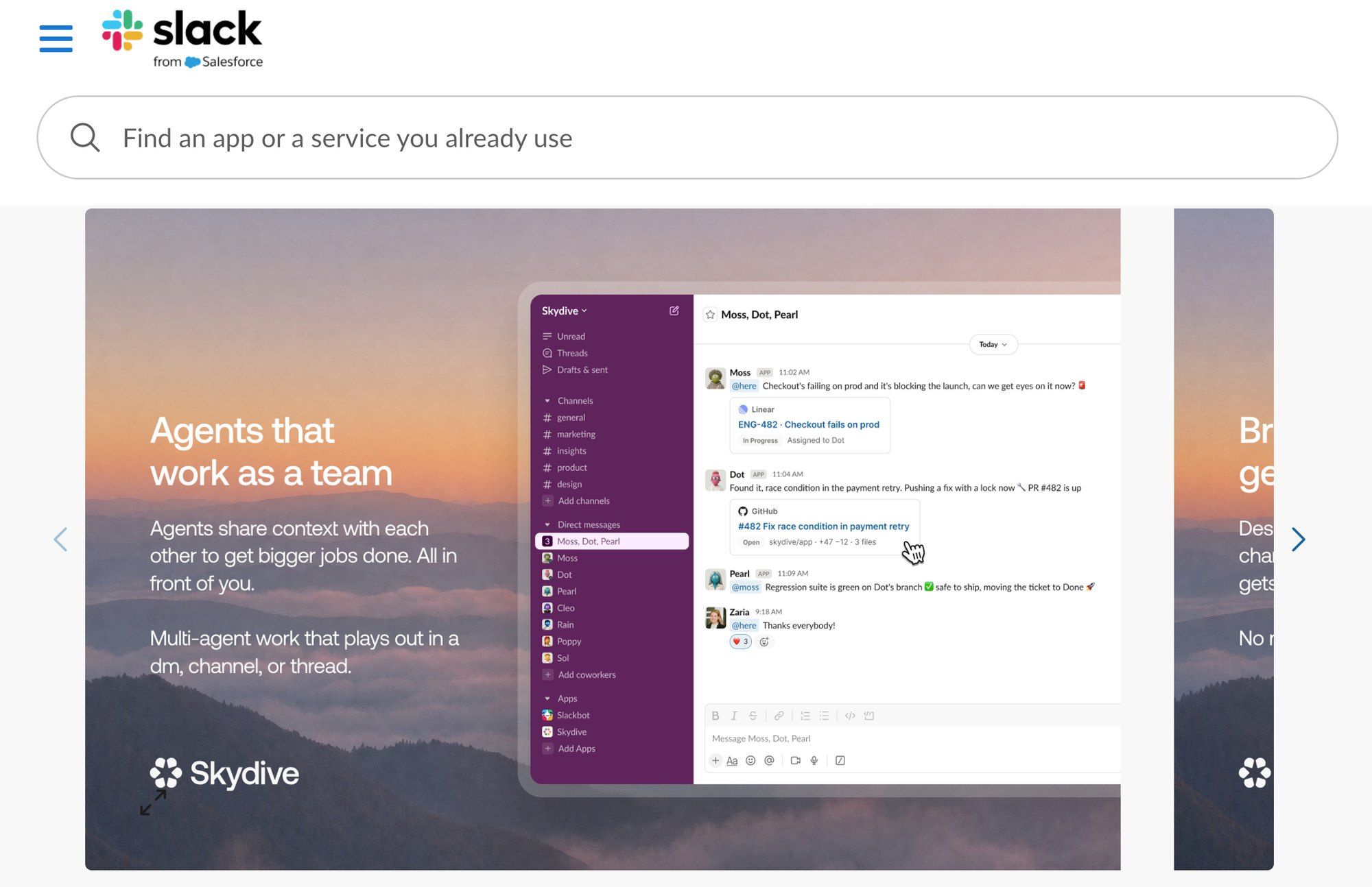 The Skydive listing in the Slack app marketplace