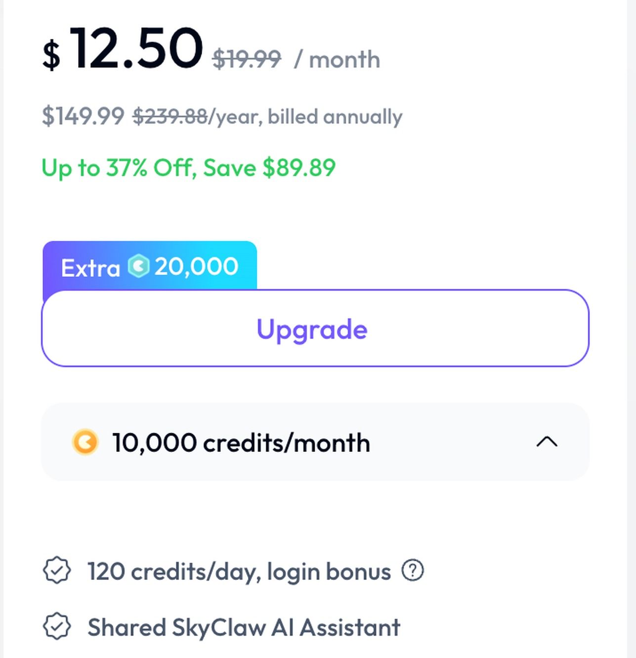 The Skywork Basic card, 11 August 2026: $12.50 against a struck-through $19.99, 10,000 credits a month, and the "120 credits/day, login bonus" line that also appears on the Plus and Ultra cards.