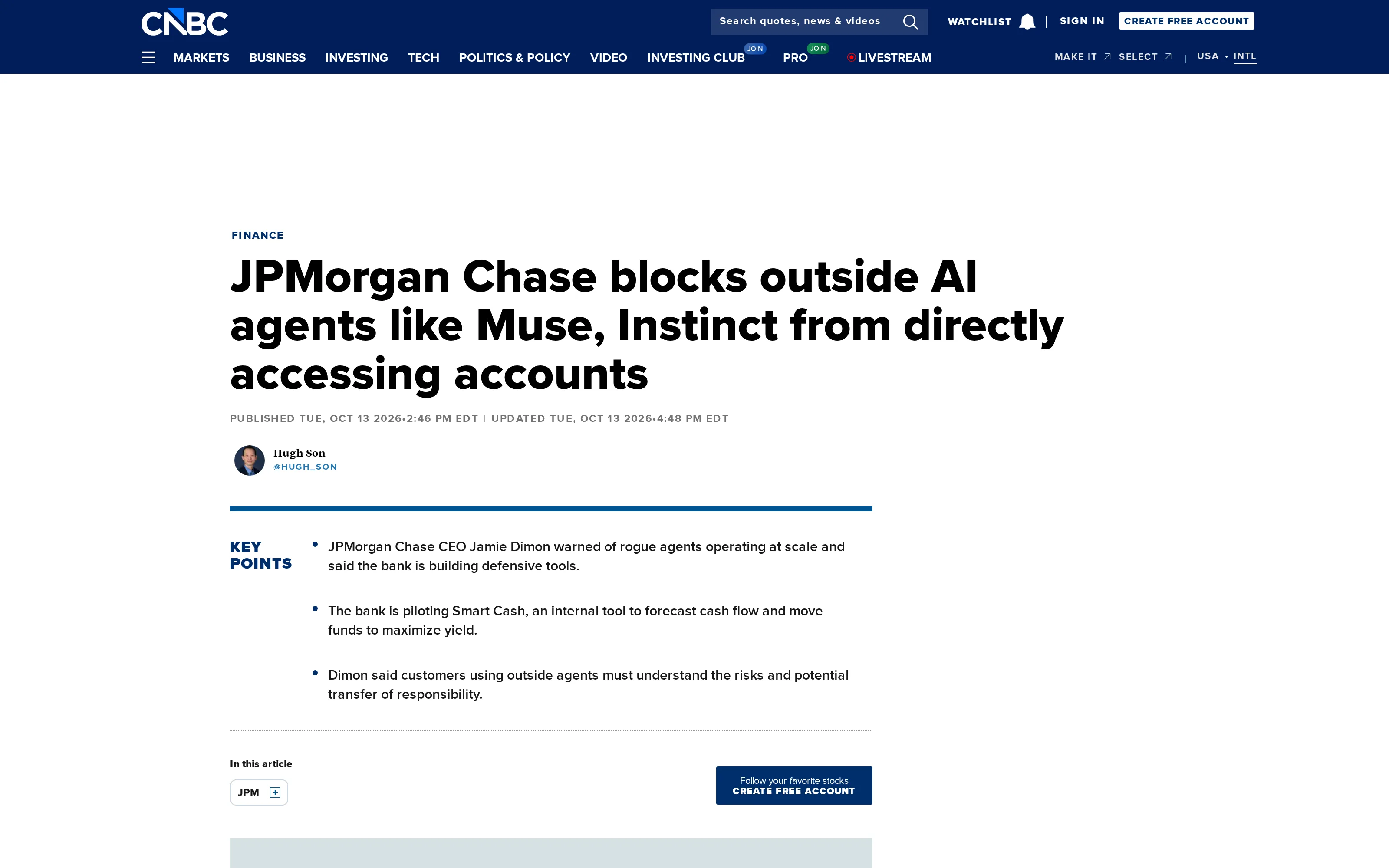 CNBC’s October 13, 2026 report on JPMorgan’s restriction of outside AI agents and its warning about responsibility