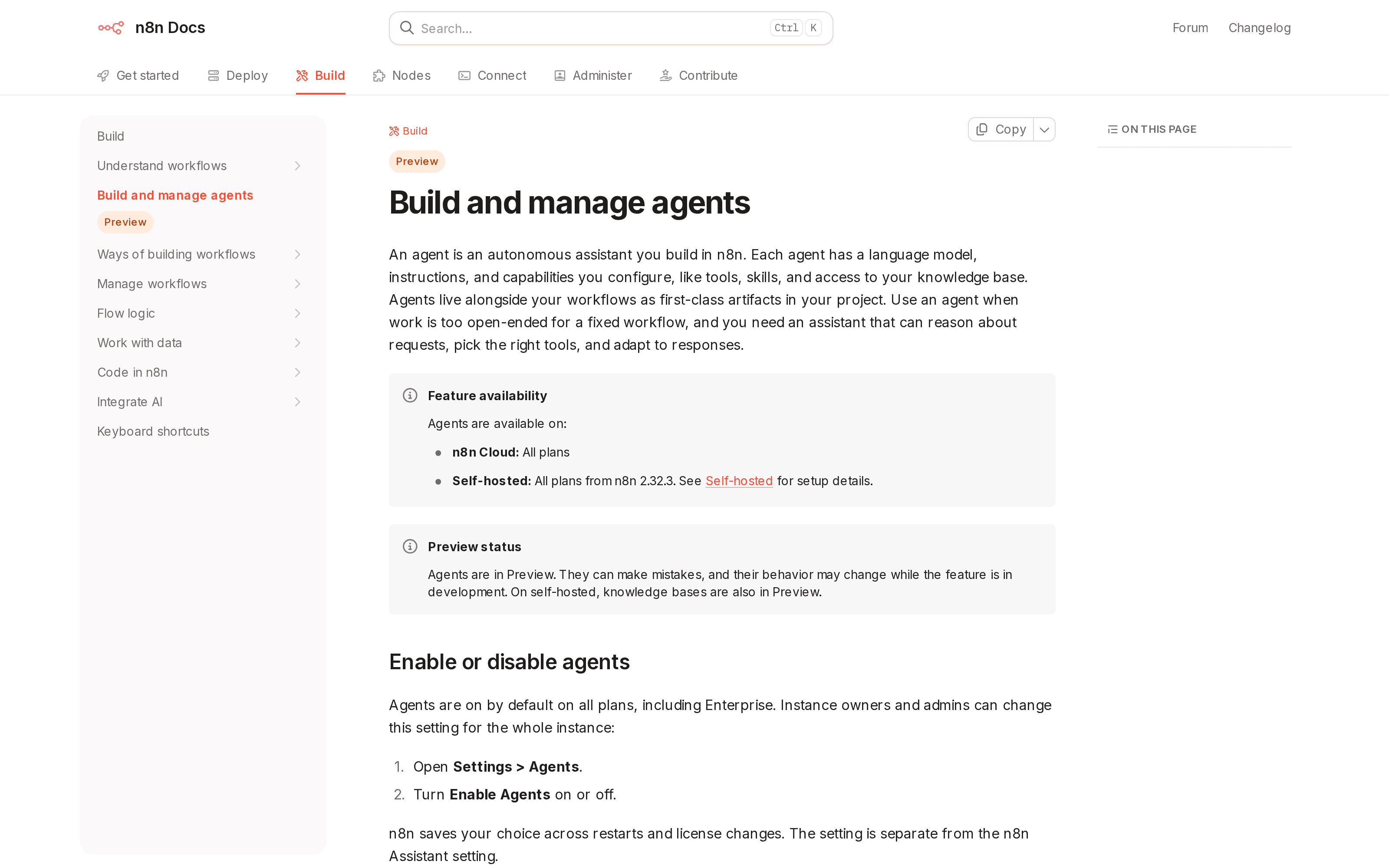 n8n's official documentation identifies the Agents feature as Preview and lists its current hosting availability.