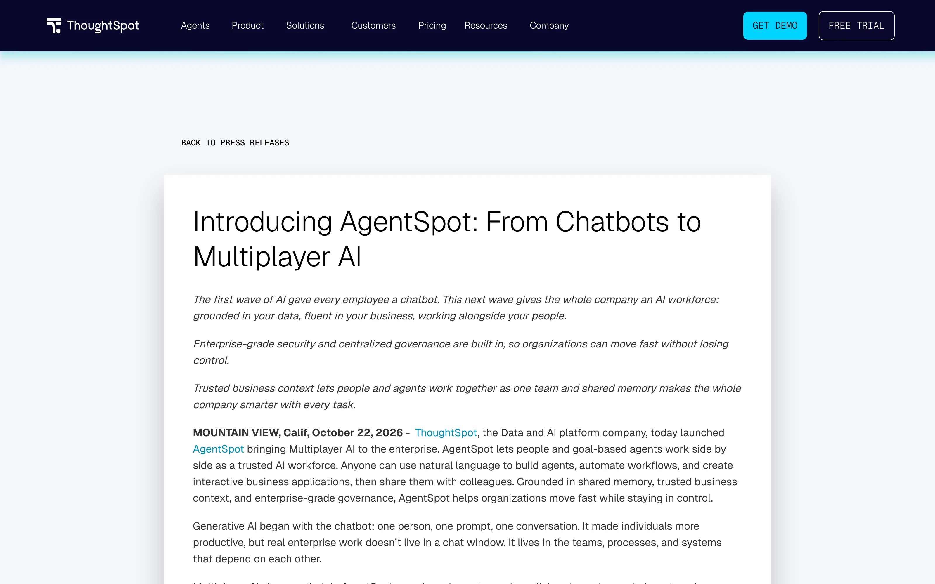 ThoughtSpot's public AgentSpot announcement dated October 22, 2026, describing shared agents and enterprise context.
