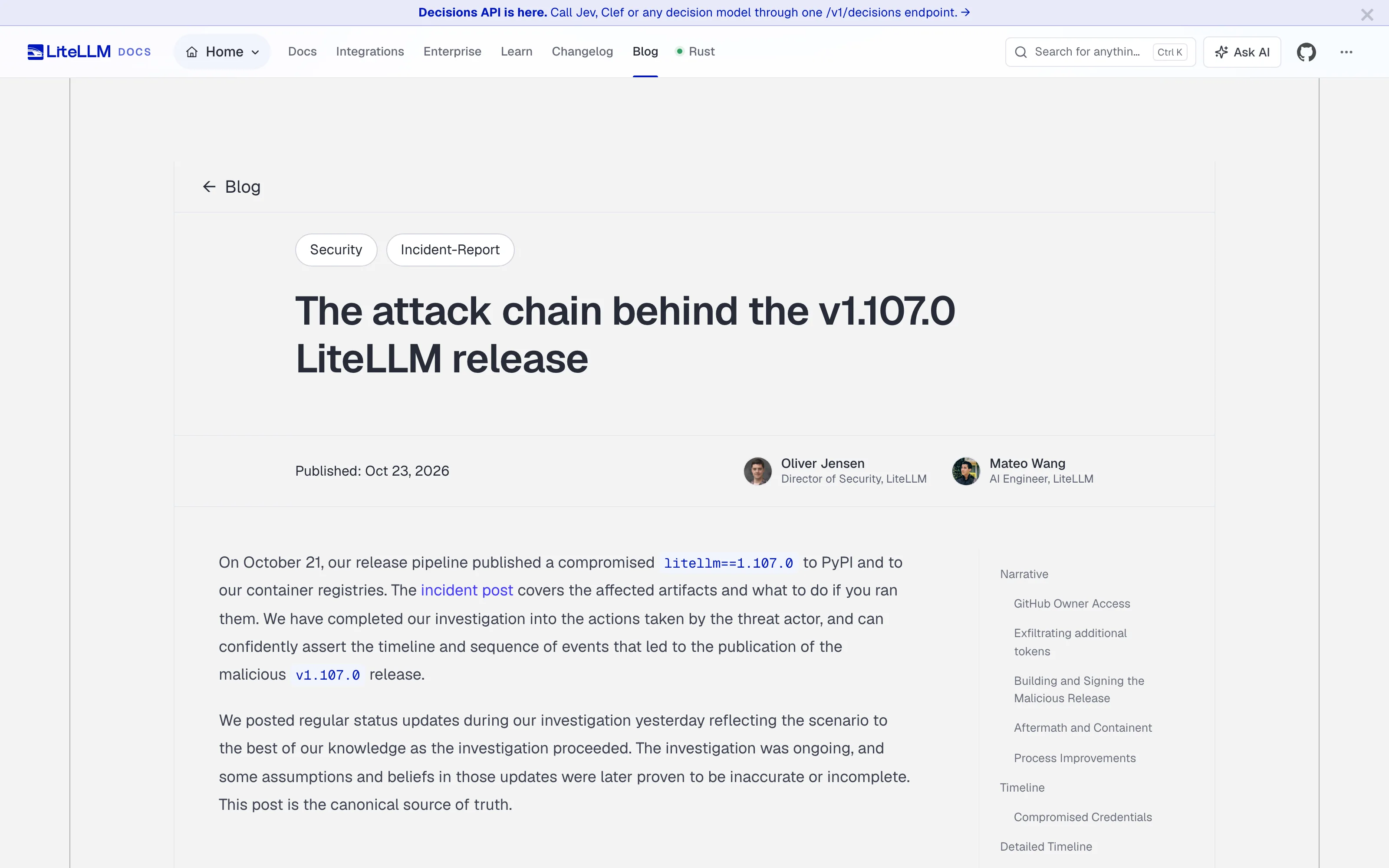LiteLLM's official October 23 root cause analysis identifies its compromised 1.107.0 release