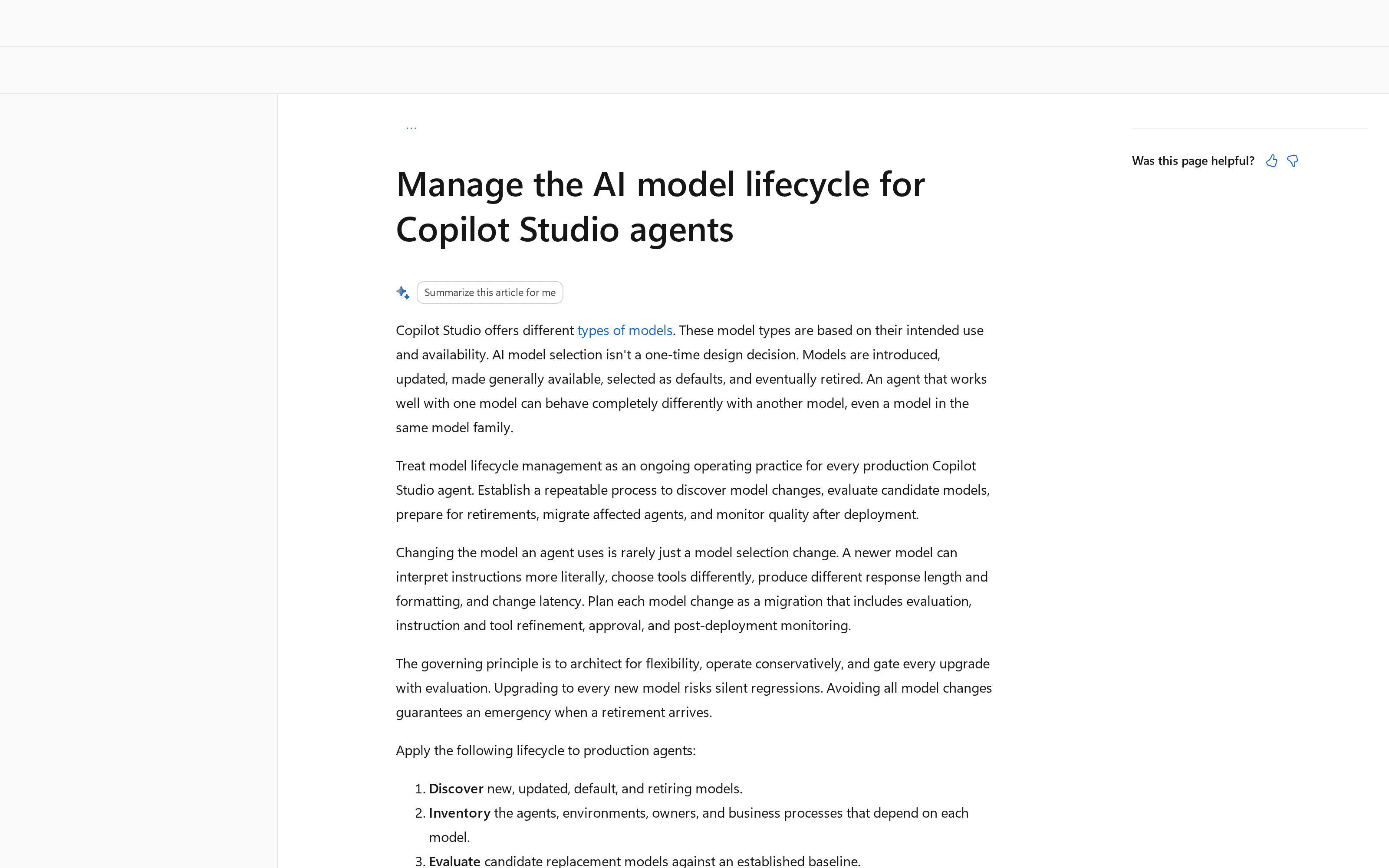 Microsoft's lifecycle guidance says model changes need evaluation and monitoring.