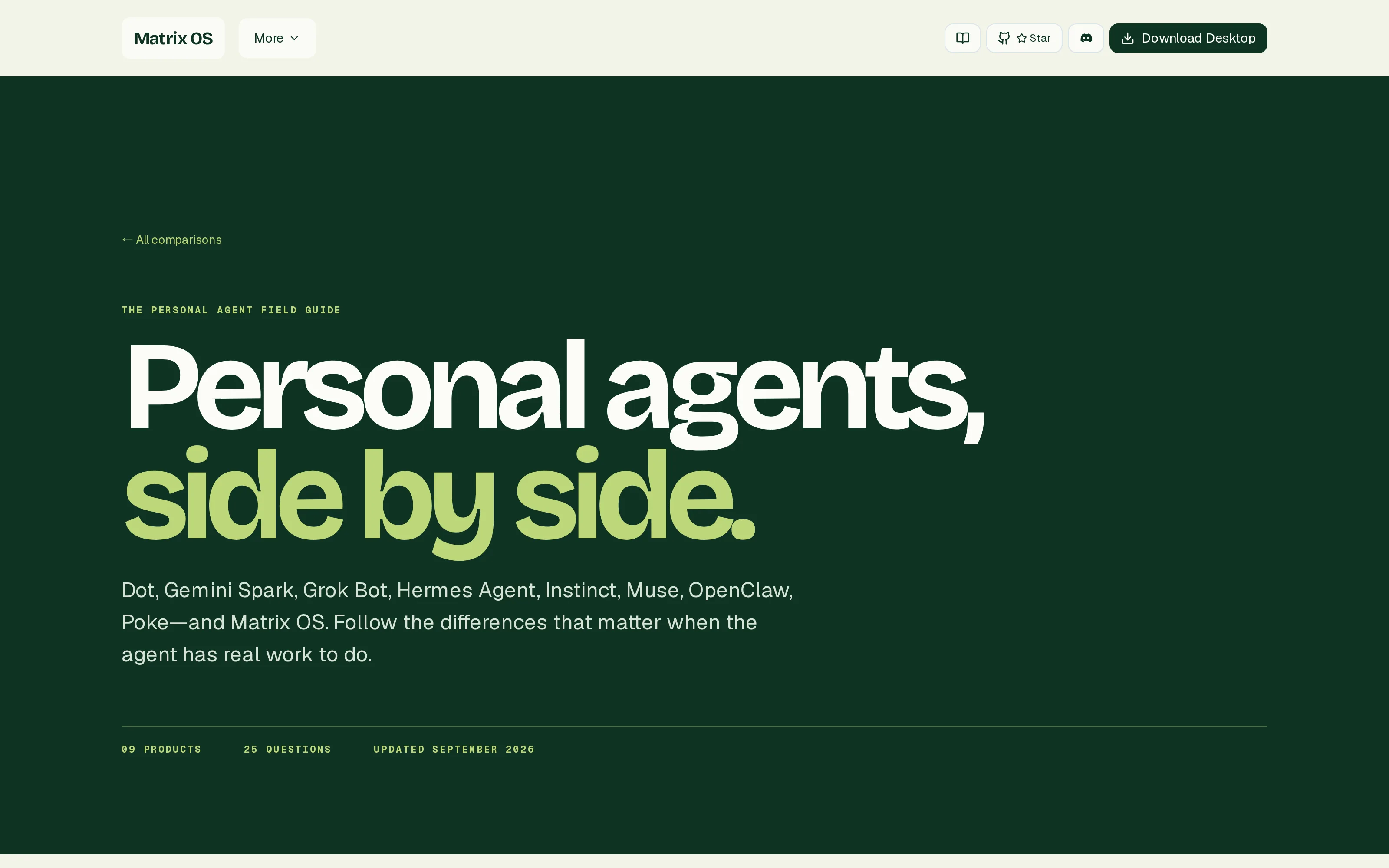 A public Matrix OS field-guide page headed Personal agents, side by side, listing Dot, Instinct and Muse among nine products.