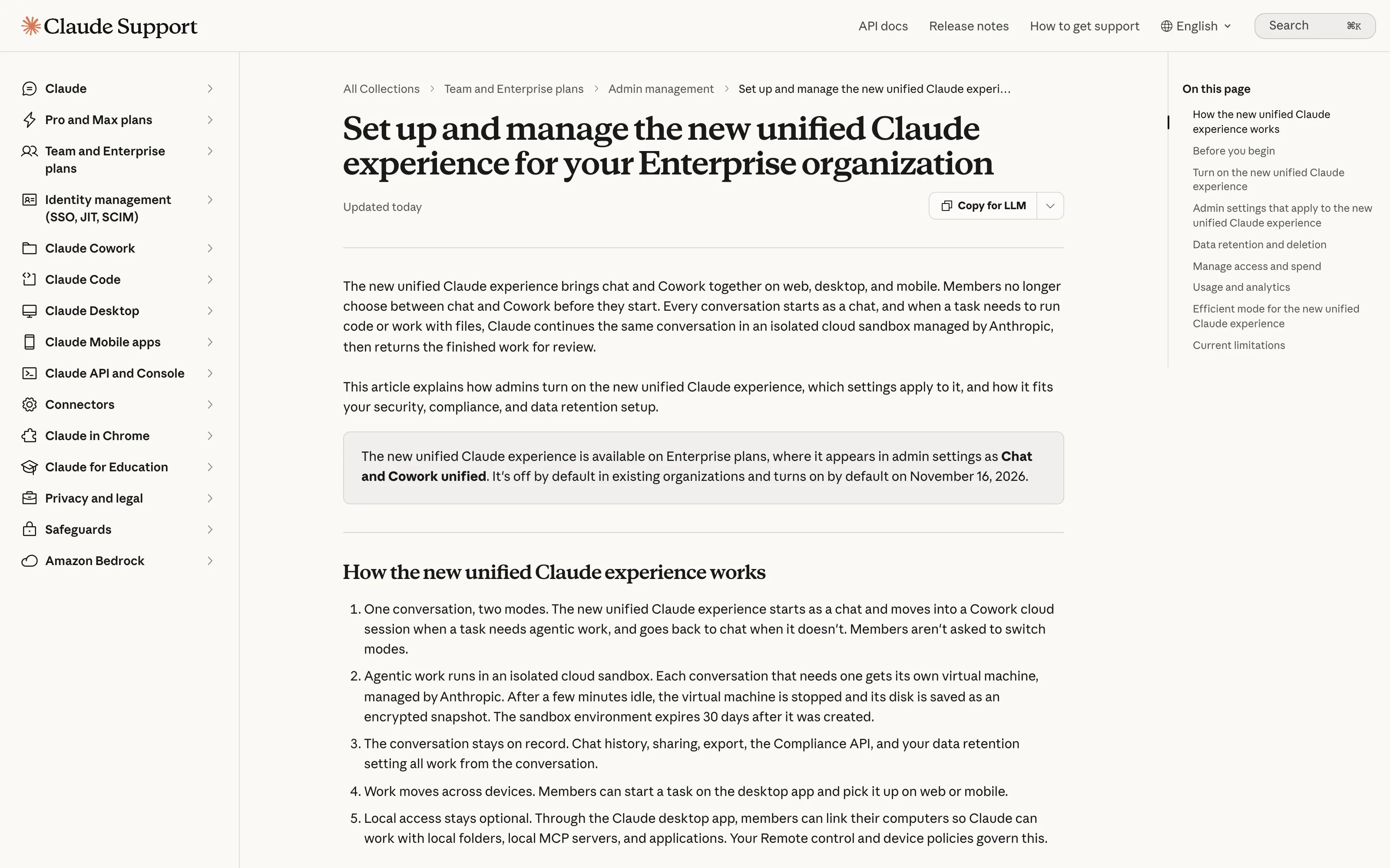 Claude Support admin guide shows unified chat and Cowork, cloud session isolation, and the November 16 enablement notice