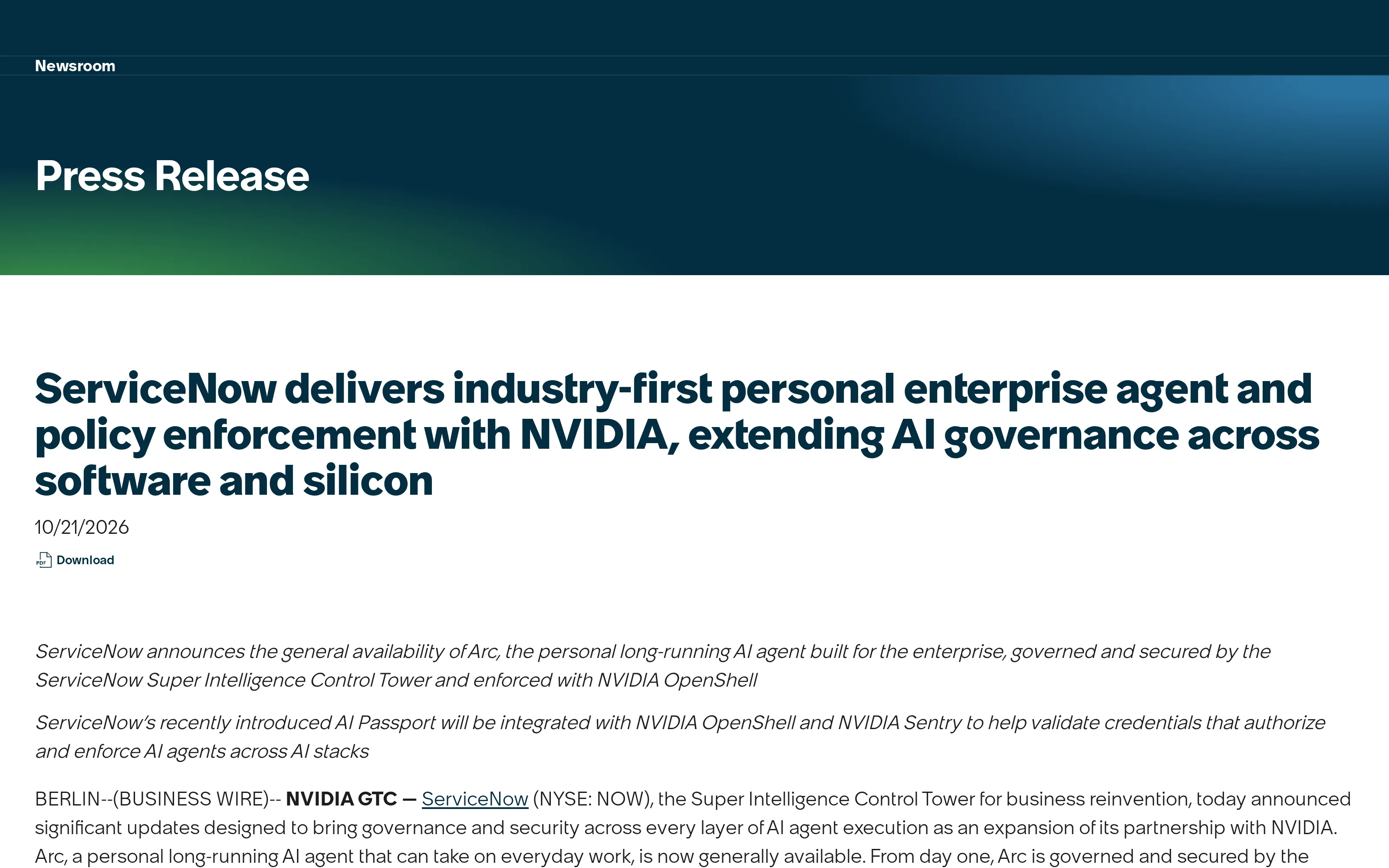 The dated ServiceNow press release identifies Arc's general availability and describes a future AI Passport integration.