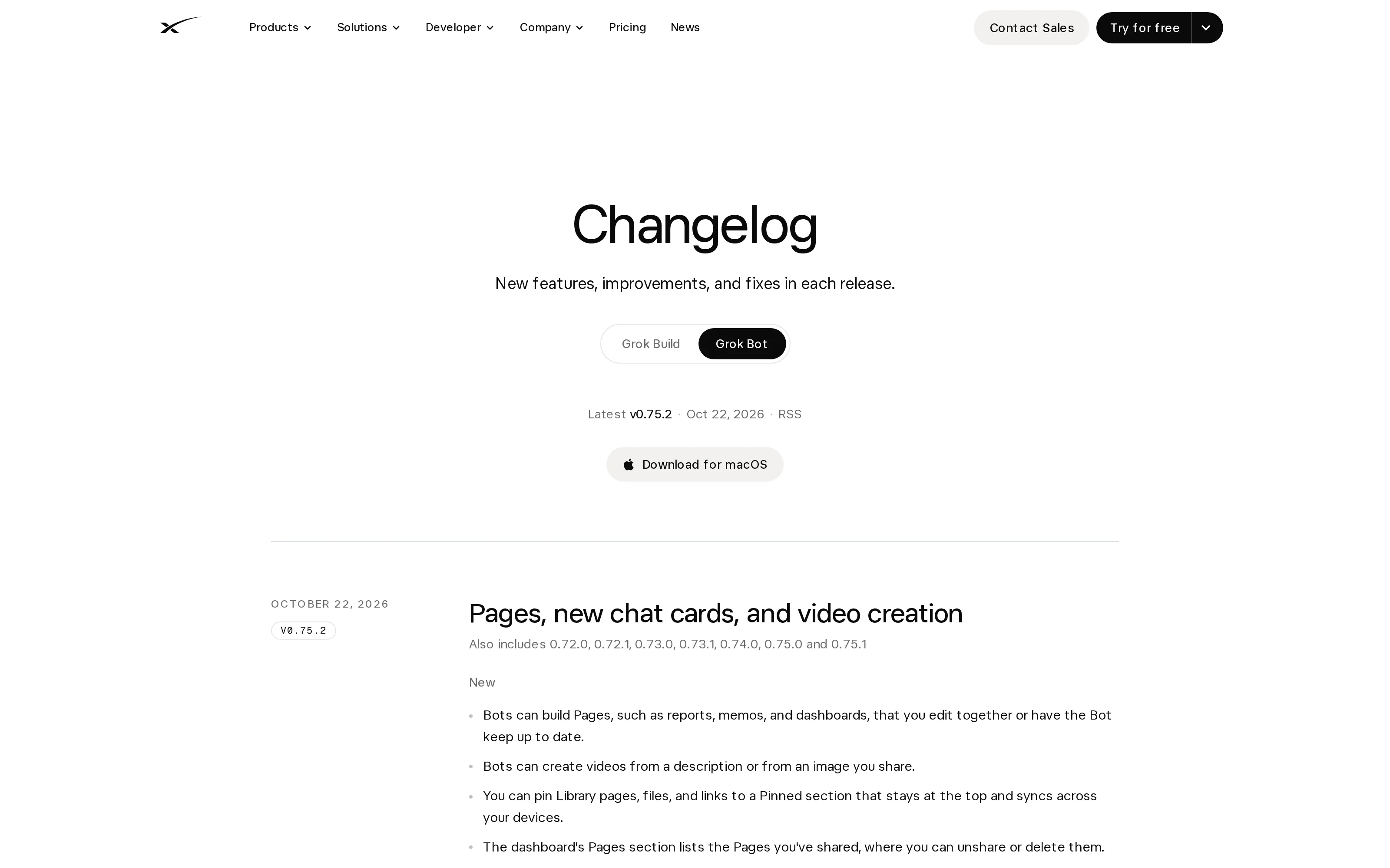 Real screenshot of the Grok Bot official changelog showing the October 22 v0.75.2 Pages entry.