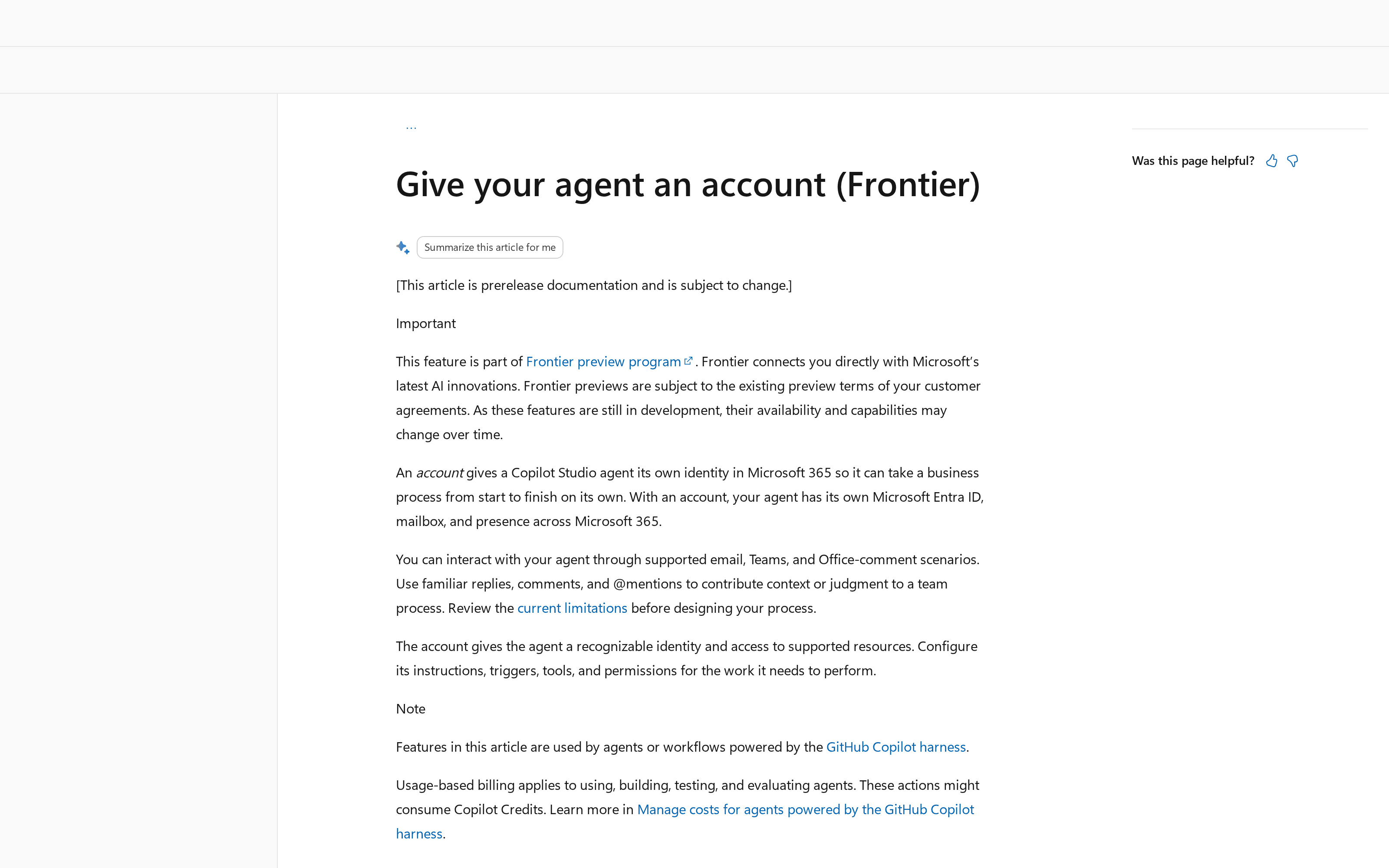 Microsoft Learn's public Frontier agent account documentation, including identity and usage warnings