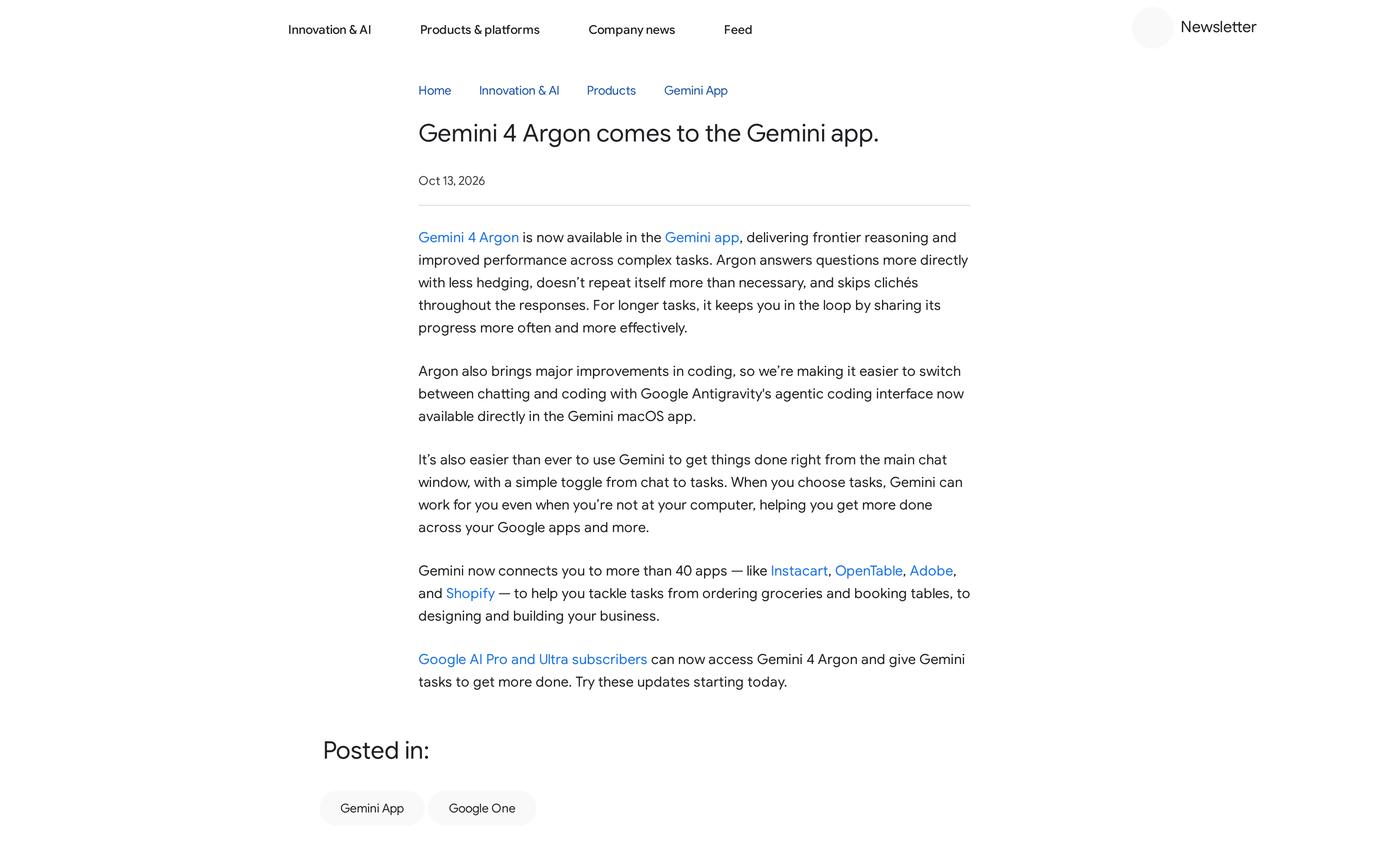Google's October 13 Gemini app announcement shows its description of tasks that continue while the user is away and connections to more than 40 apps.