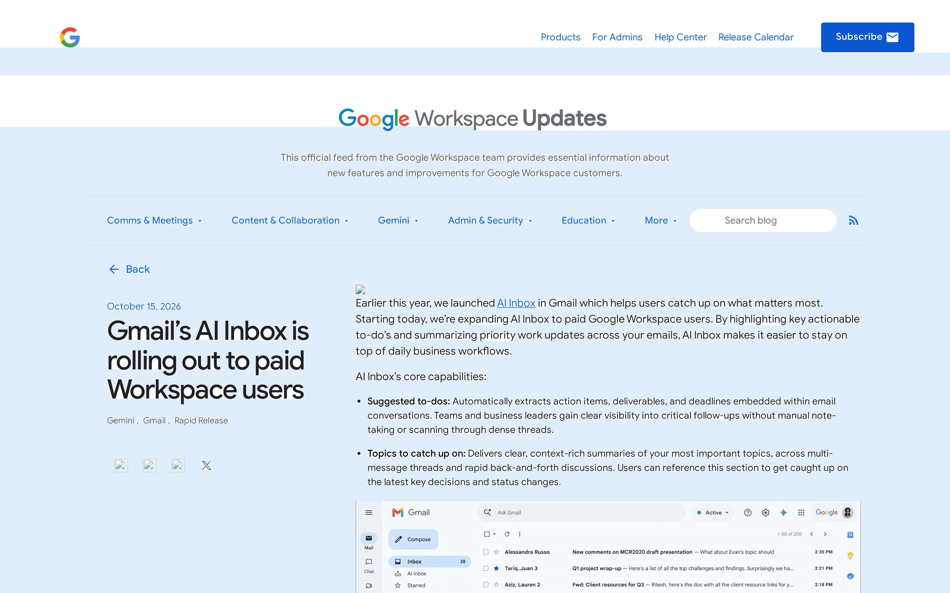 Google Workspace Updates article dated October 15, 2026, announcing the paid Workspace rollout and describing the two AI Inbox sections.