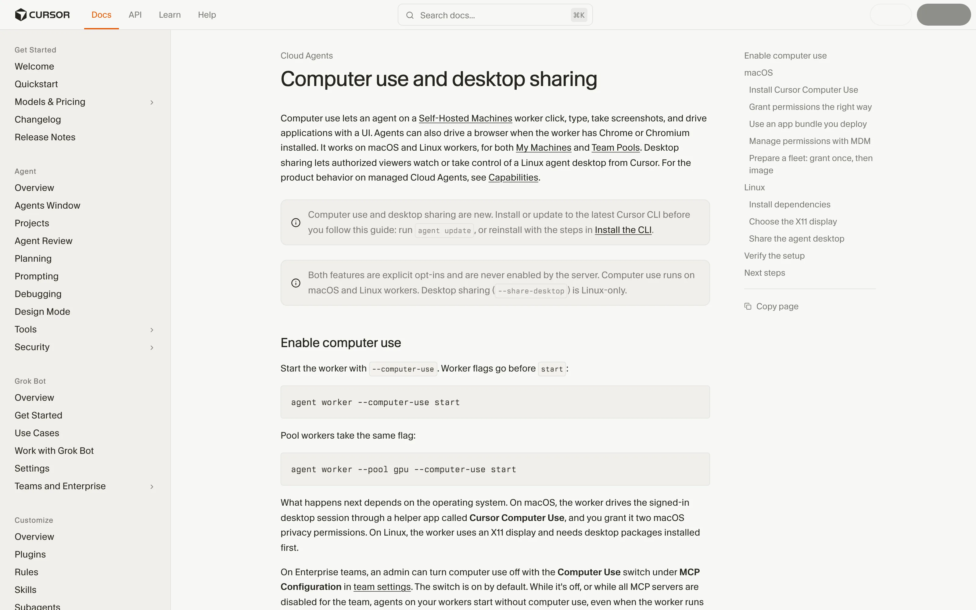 Cursor's official Self-Hosted Machines documentation identifying worker computer use and its explicit opt-in