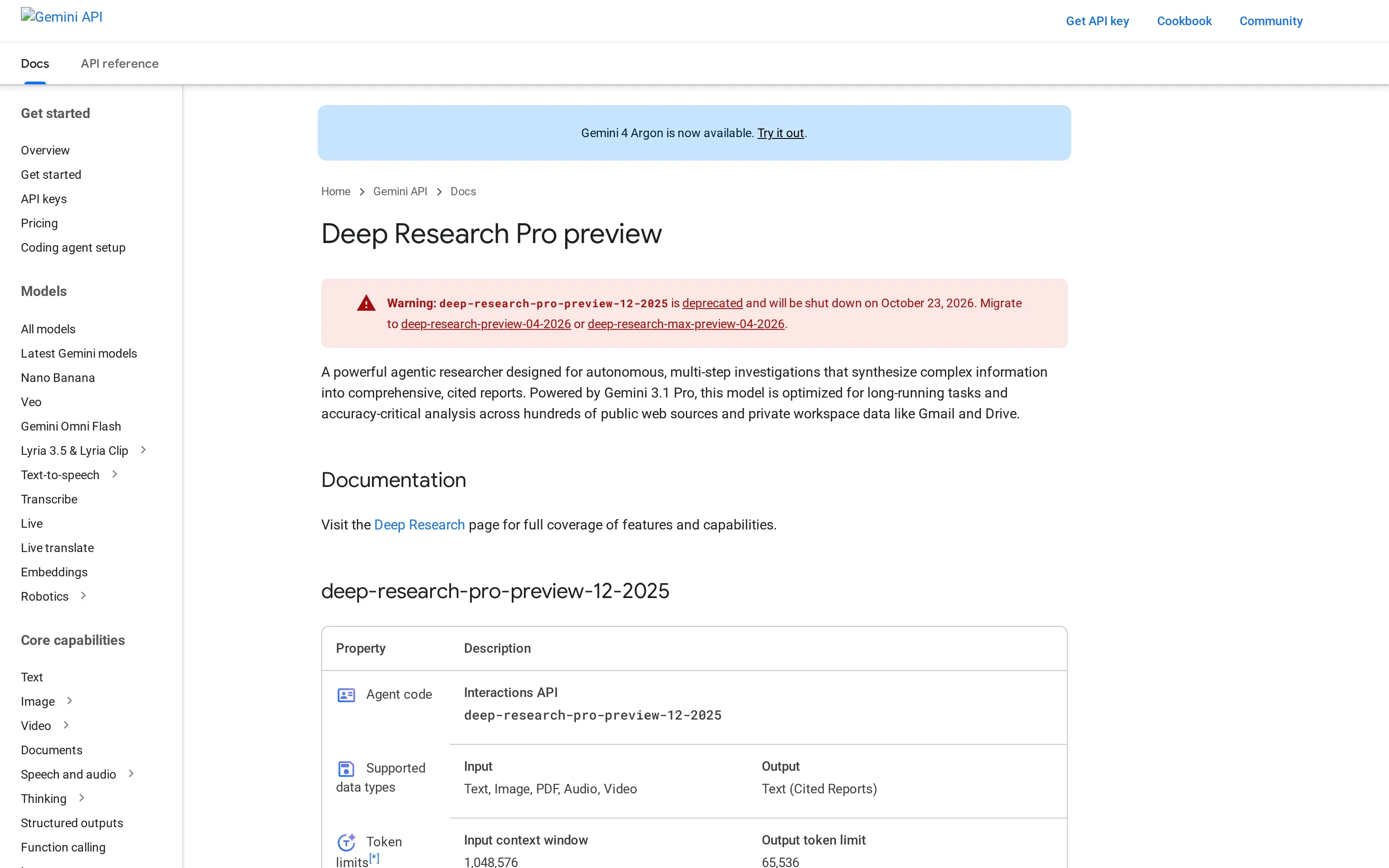 Google's Deep Research Pro preview model page showing the deprecation warning and October 23 date